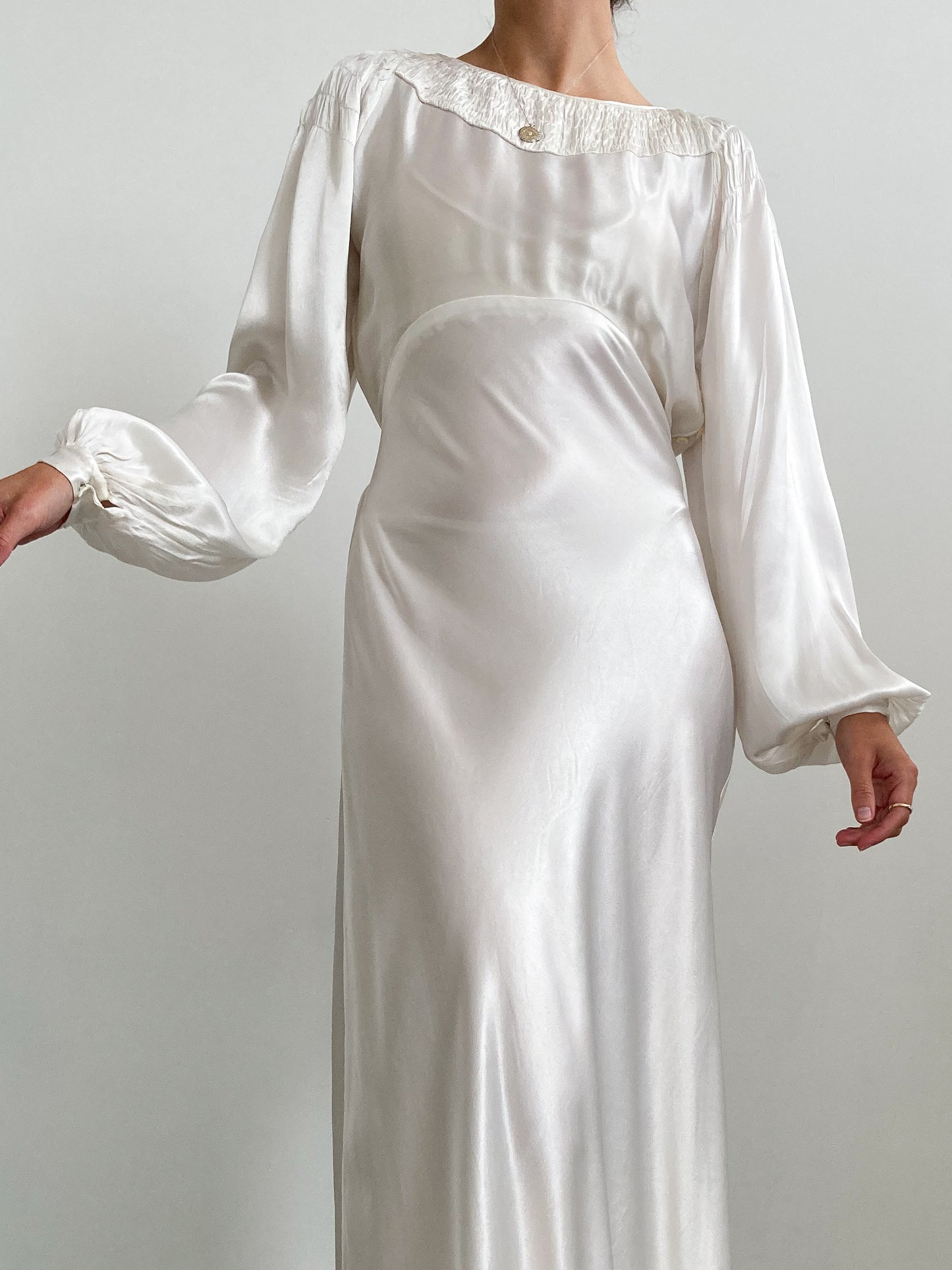 1930s Ivory Ruched Slipper Satin Wedding Gown with Puff Sleeves