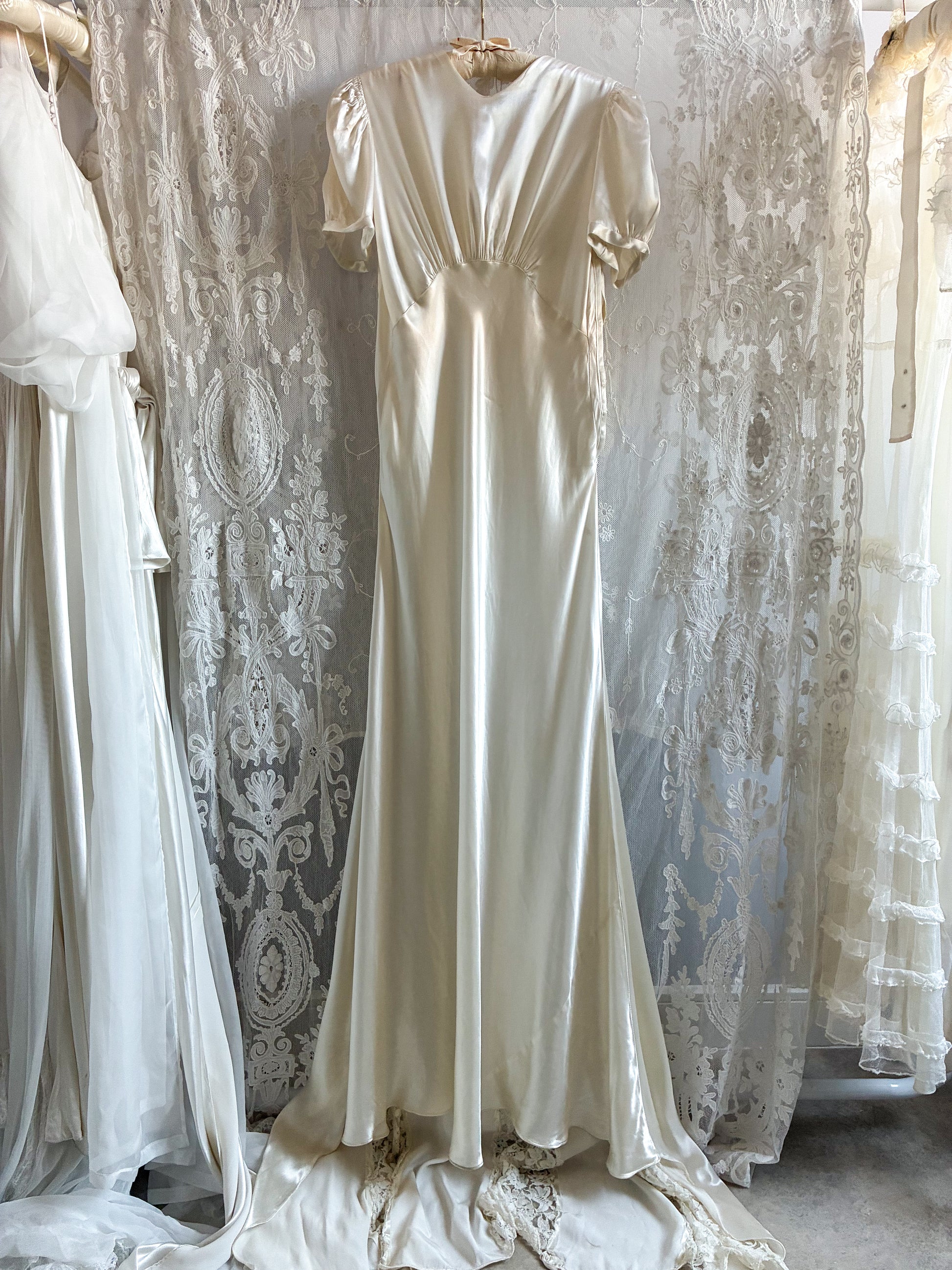 1930s Ivory Silk Puff Sleeve Wedding Dress With Lace & Puddle Train – Adored Closet