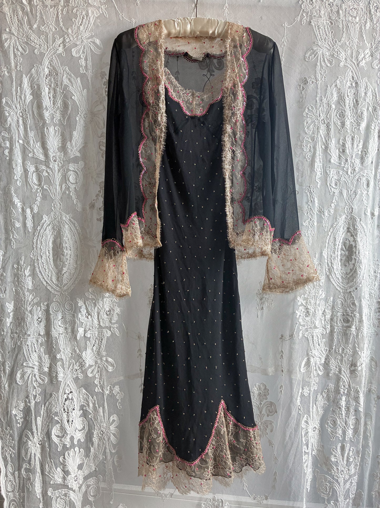 1990s Rare Designer Silk Chiffon Slip and Jacket Set With Chantilly Lace
