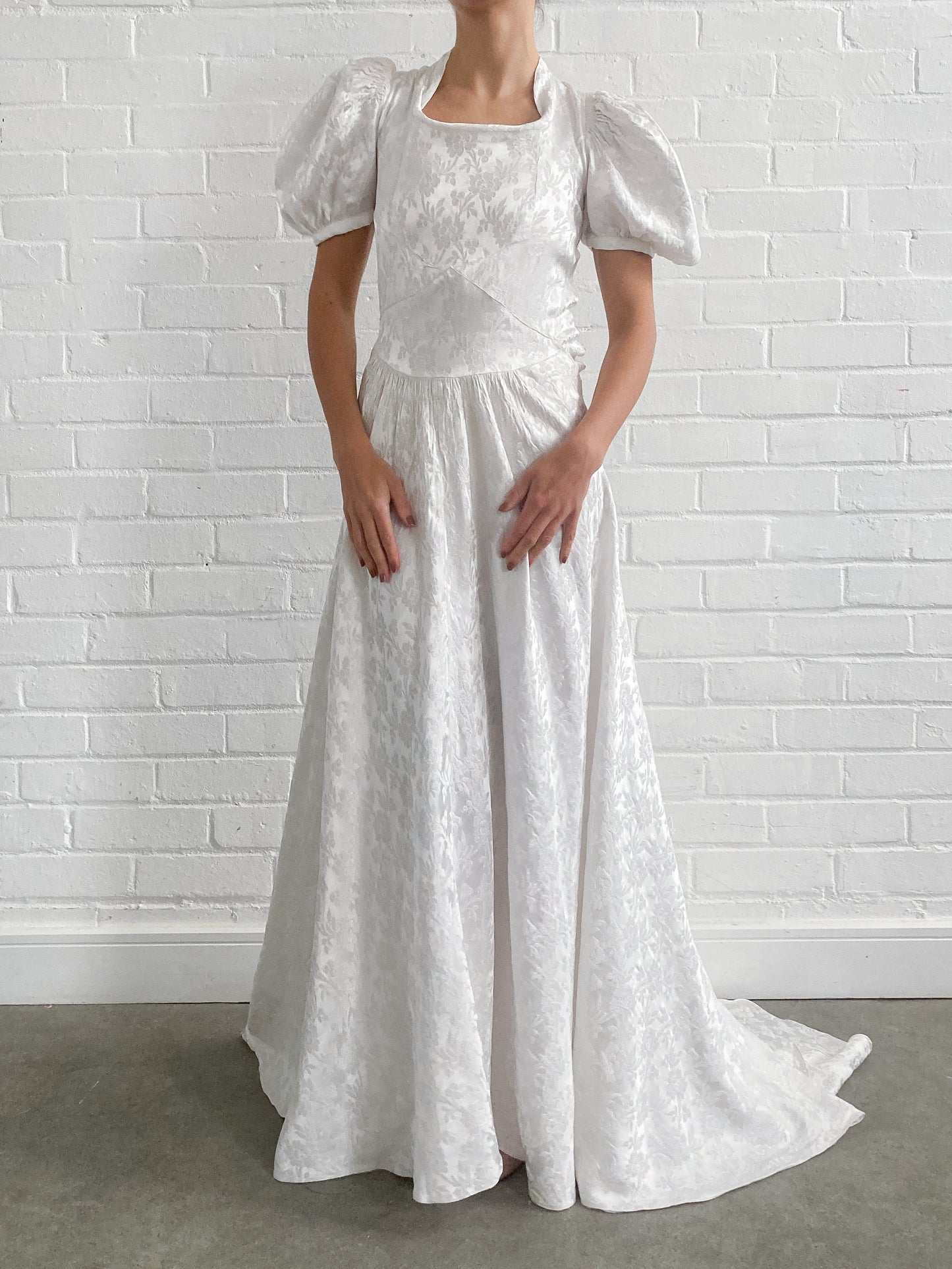 1930s Ivory Jacquard Wedding Gown With Puff Sleeves and Chapel Train