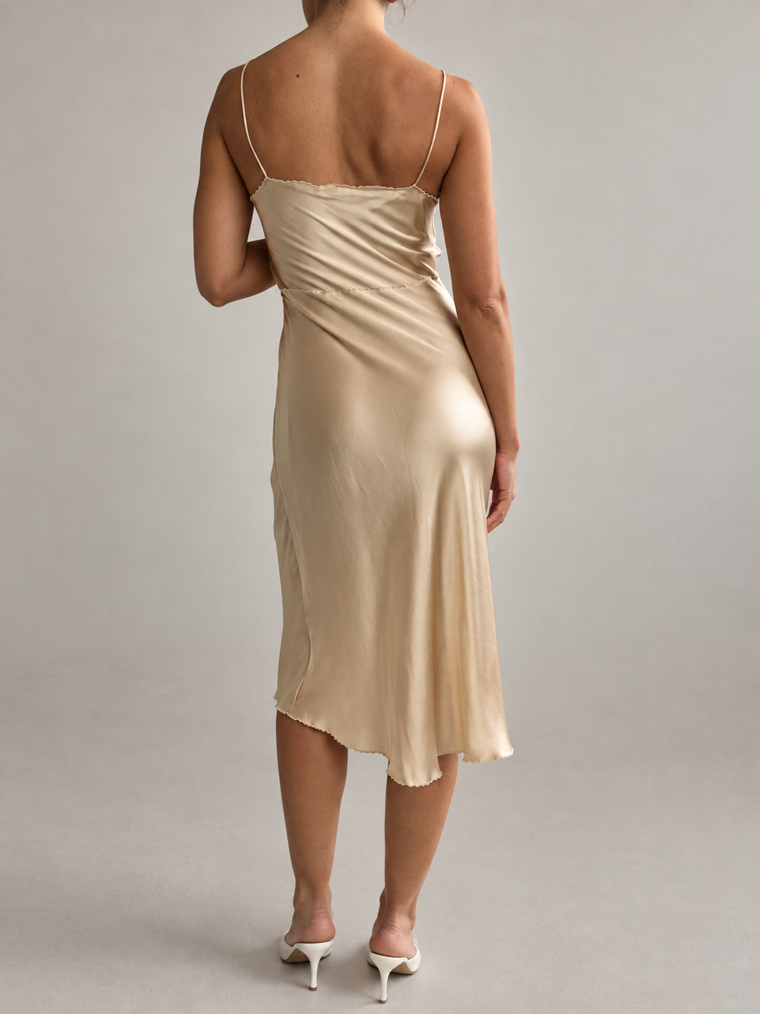 1990s Italian Silk Slip With Embroidery & Spaghetti Straps In Champagne Gold S M