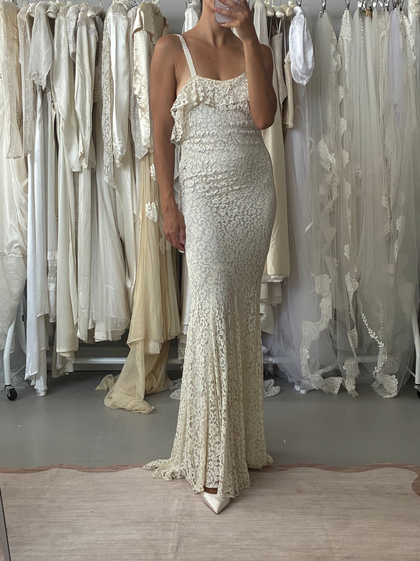 1930s Ivory Lace Ruffled Wedding Dress with Bolero