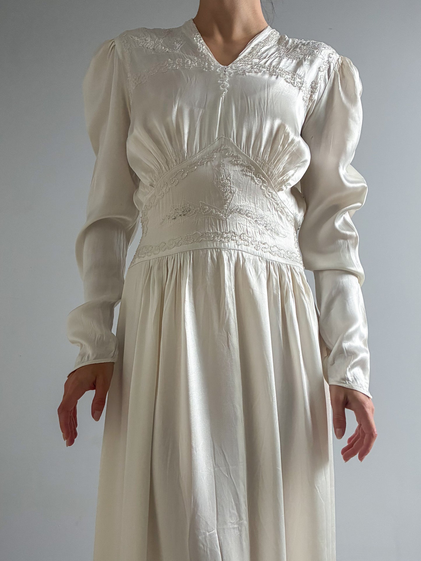 1940s Ivory Satin Dress With Sequins & Embroidery