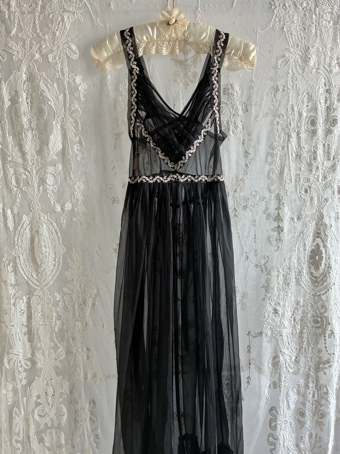 1950s Black Sheer Nightdress With Floral Embroidery