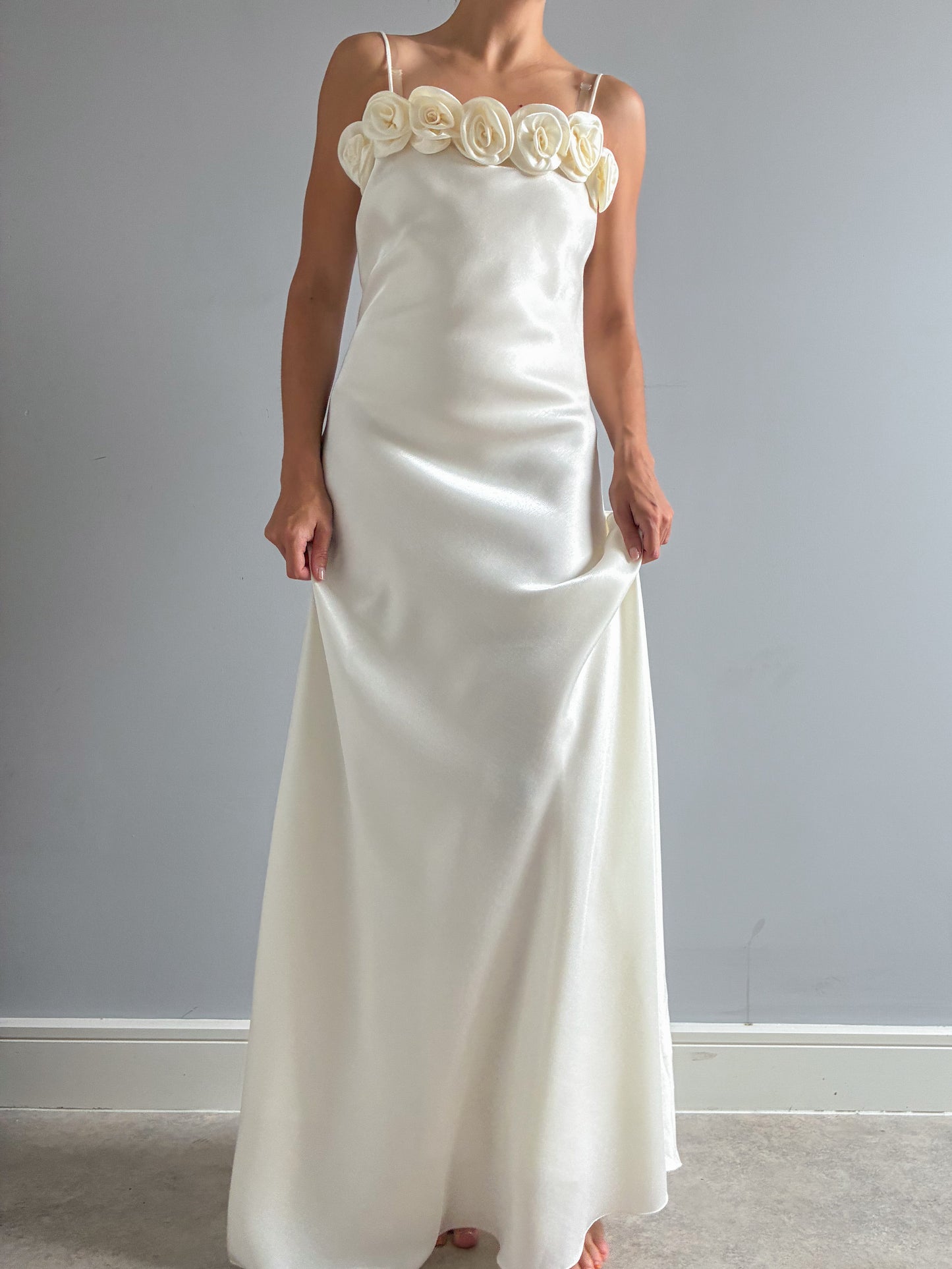 1990s Minimalist Satin Wedding Dress With Rose Detail