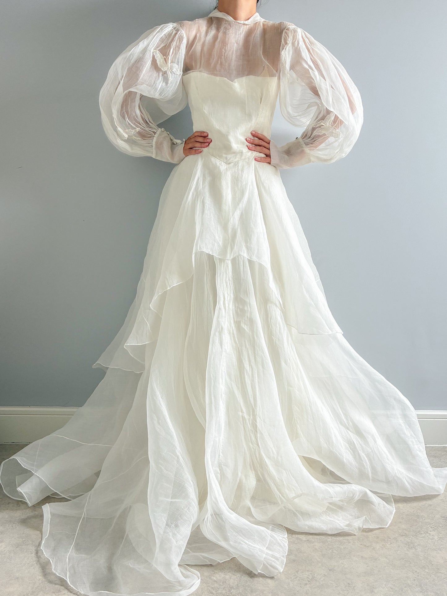 1940s Tiered Organza Wedding Gown With Puff Sleeves And Butterfly Detail
