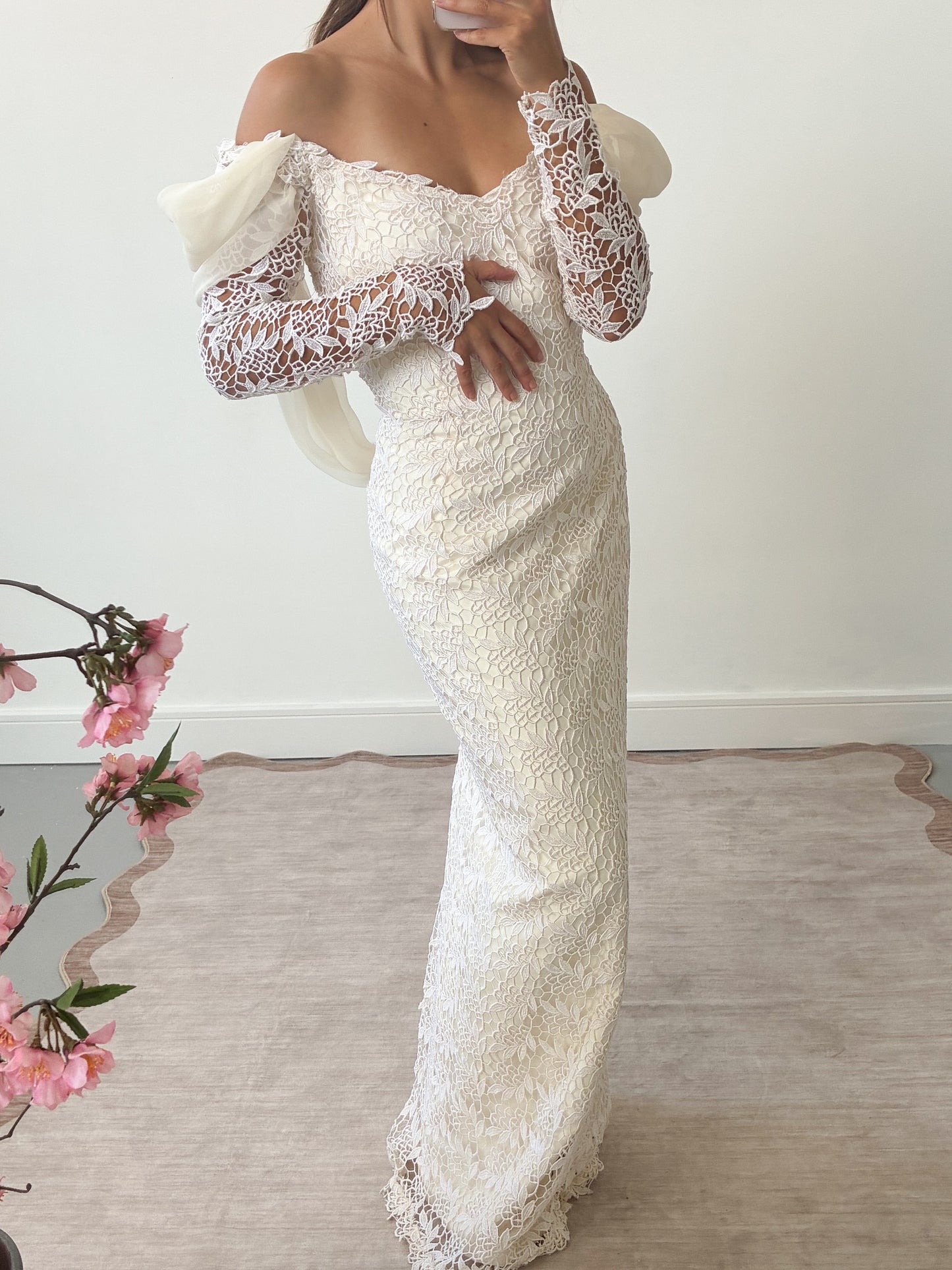 1980s Lace And Chiffon Column Dress With Detachable Cathedral Train S M
