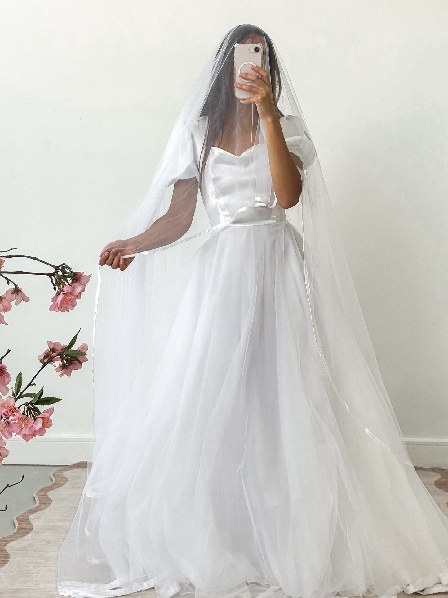 1983 Satin Puff Sleeve Gown With Chiffon Skirt And Scarf M