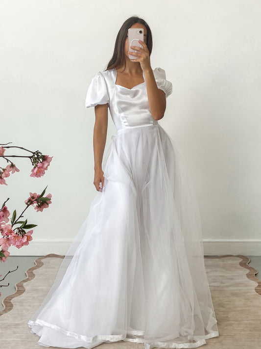 1983 Satin Puff Sleeve Gown With Chiffon Skirt And Scarf M