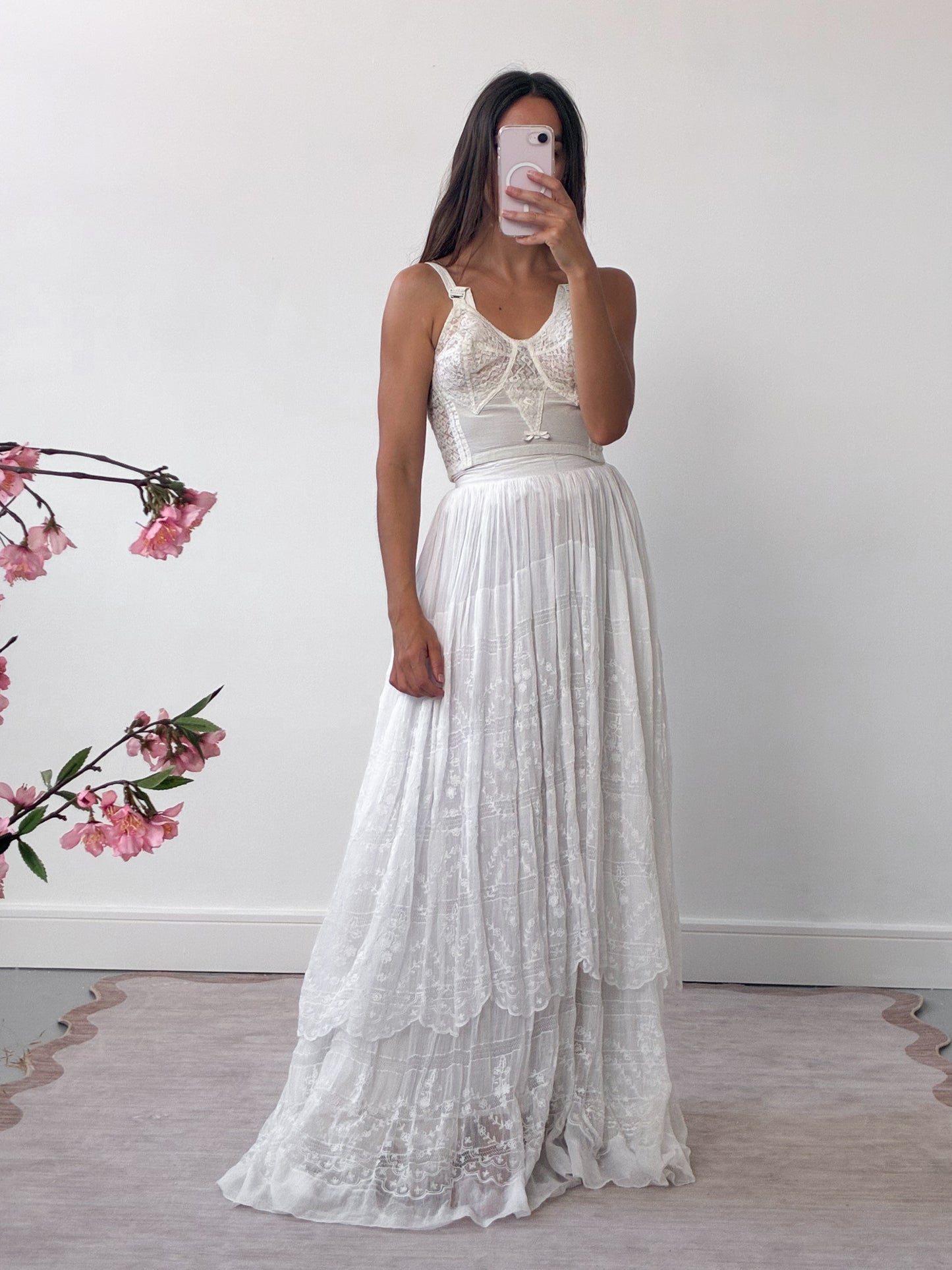 Edwardian Tiered Cotton Lawn Skirt With Floral Embroidery