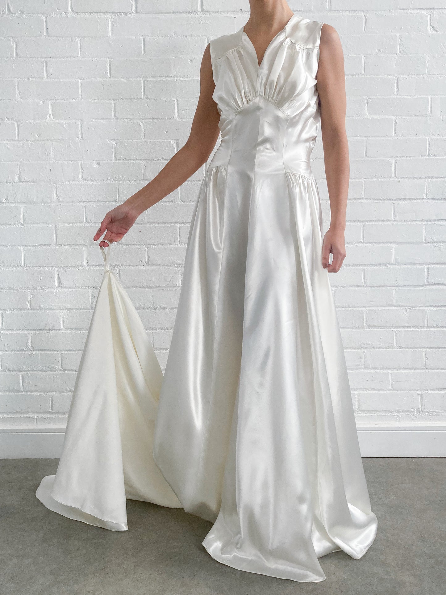 1940s Gathered Satin Wedding Gown with Chapel Train