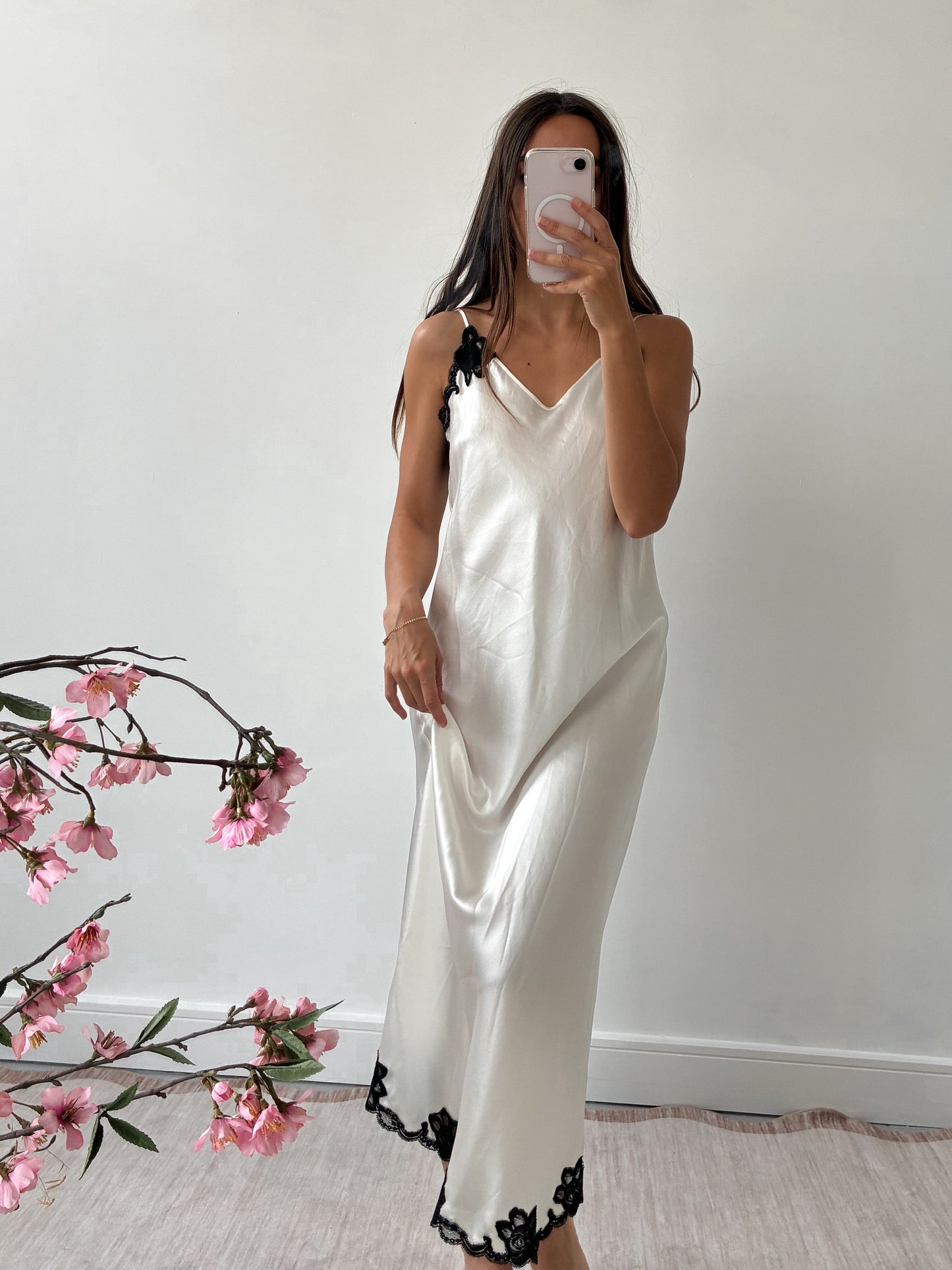 1990s Silk Slip Gown With Cross Back And Black Lace