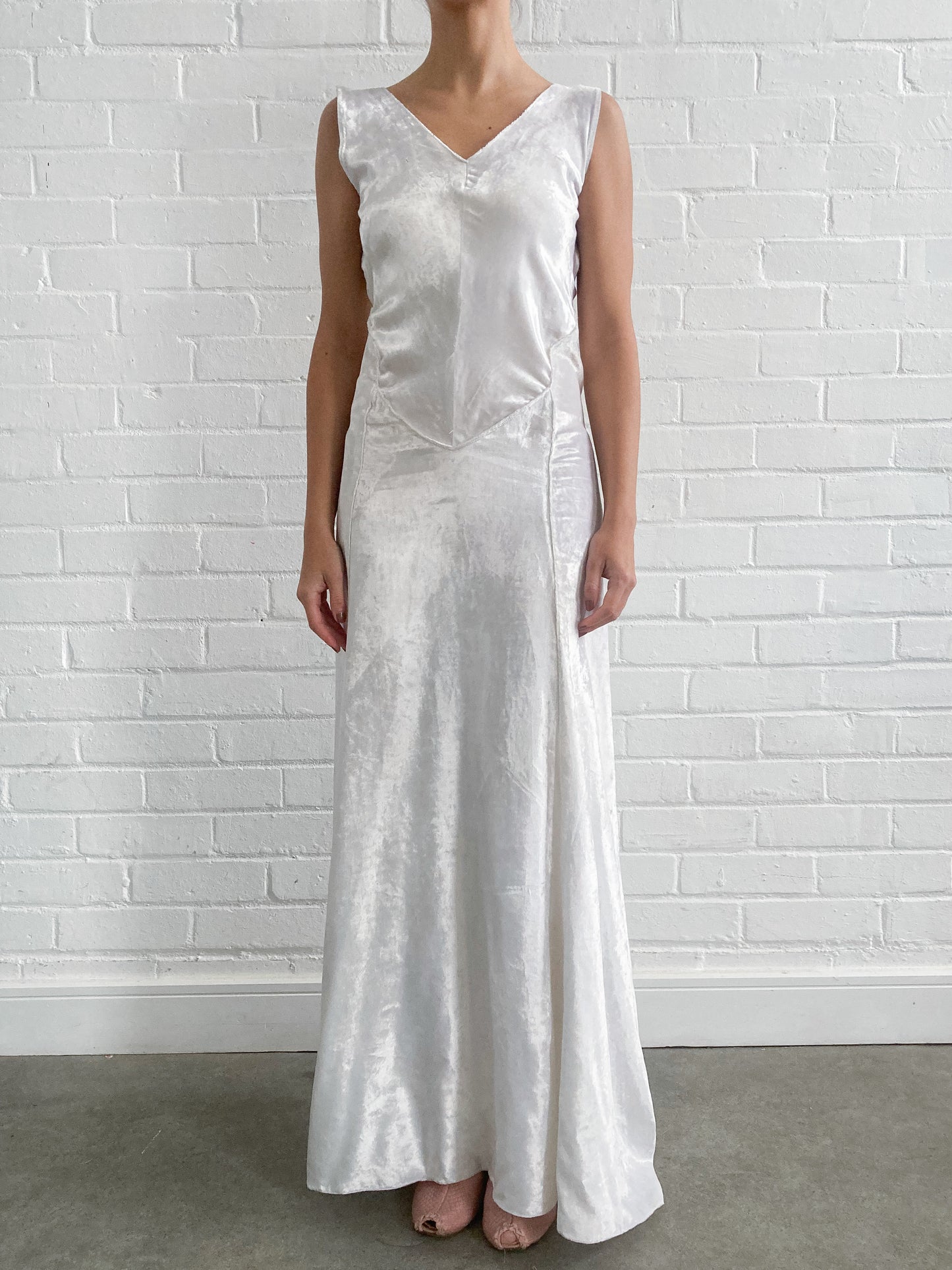 1930s Crushed Velvet Bias Cut Wedding Gown With Sweep Train