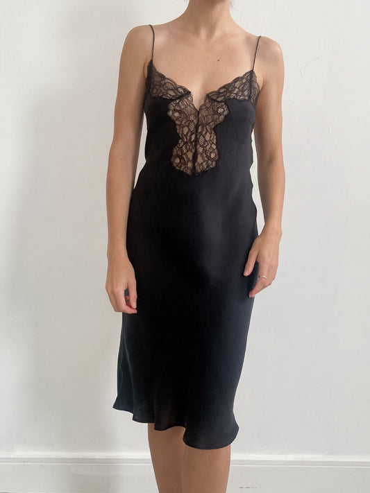 1970s Black Silk Slip with Chantilly Lace