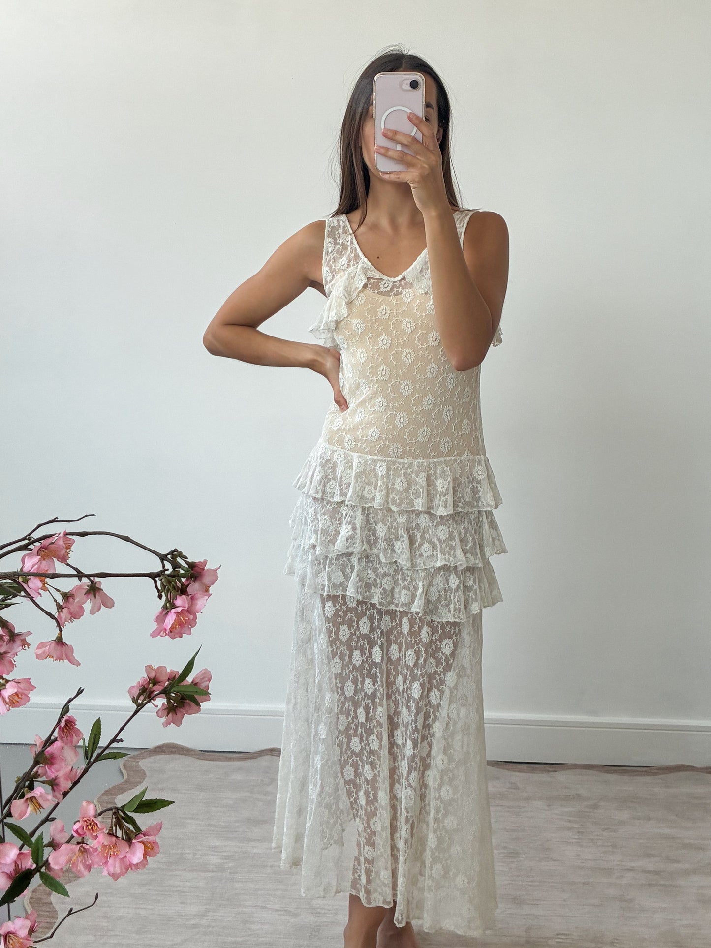1930s French Floral Lace Dress With Ruffle Detail S
