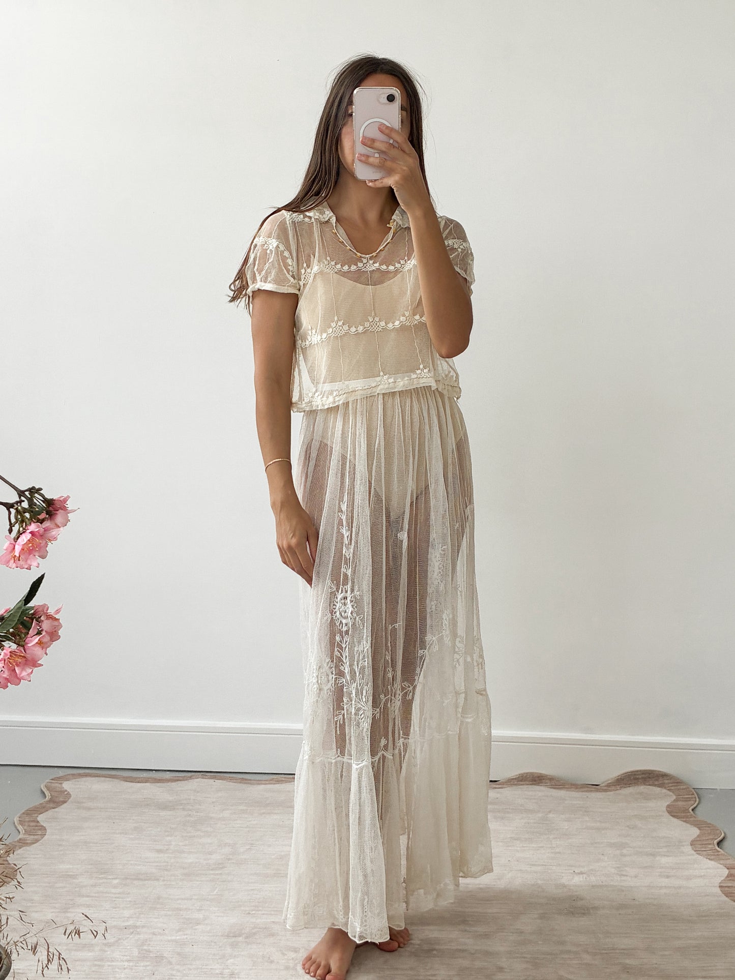 Antique French Embroidered Net Blouse In Cream S