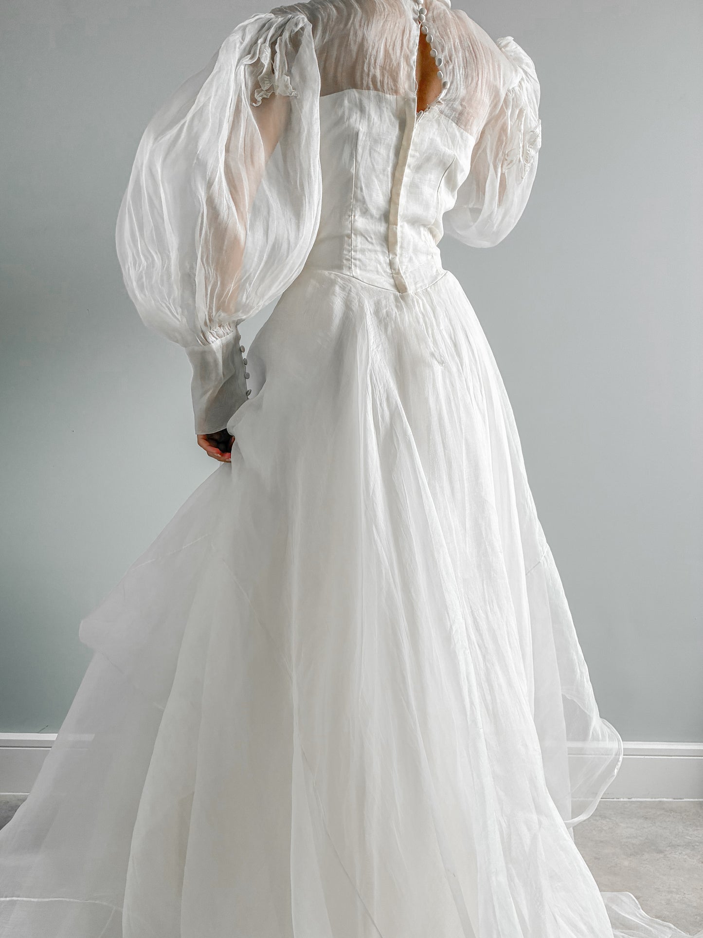 1940s Tiered Organza Wedding Gown With Puff Sleeves And Butterfly Detail