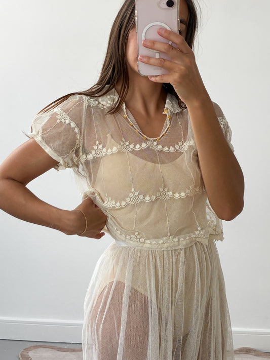 Antique French Embroidered Net Blouse In Cream S