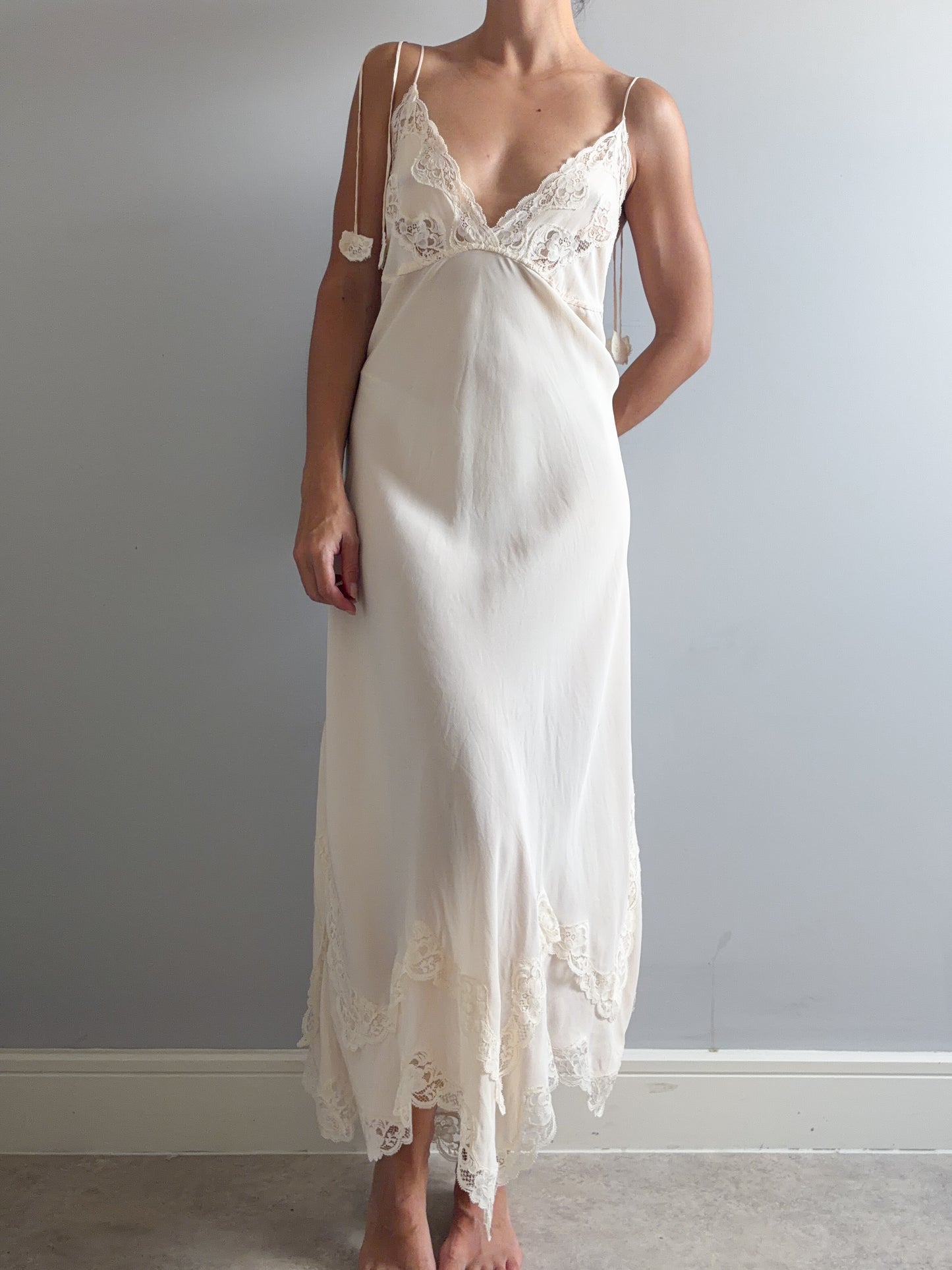 1970s Designer Pure Silk Nightgown With Lace Inserts