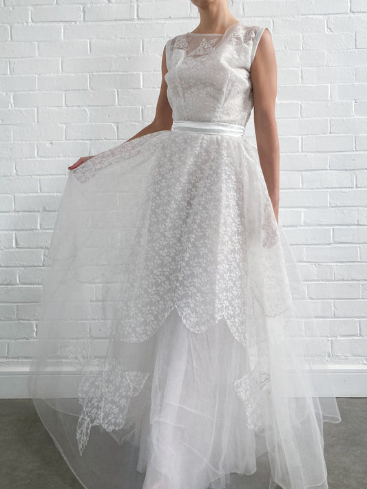 1950s Tulle & Floral Applique Wedding Dress with Bow Detail