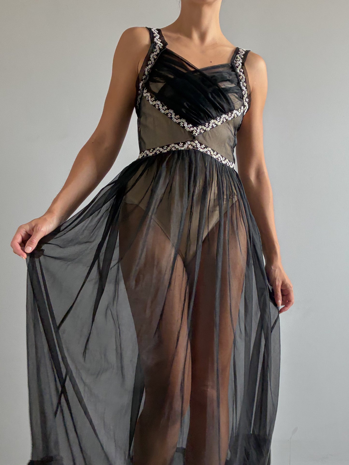 1950s Black Sheer Nightdress With Floral Embroidery