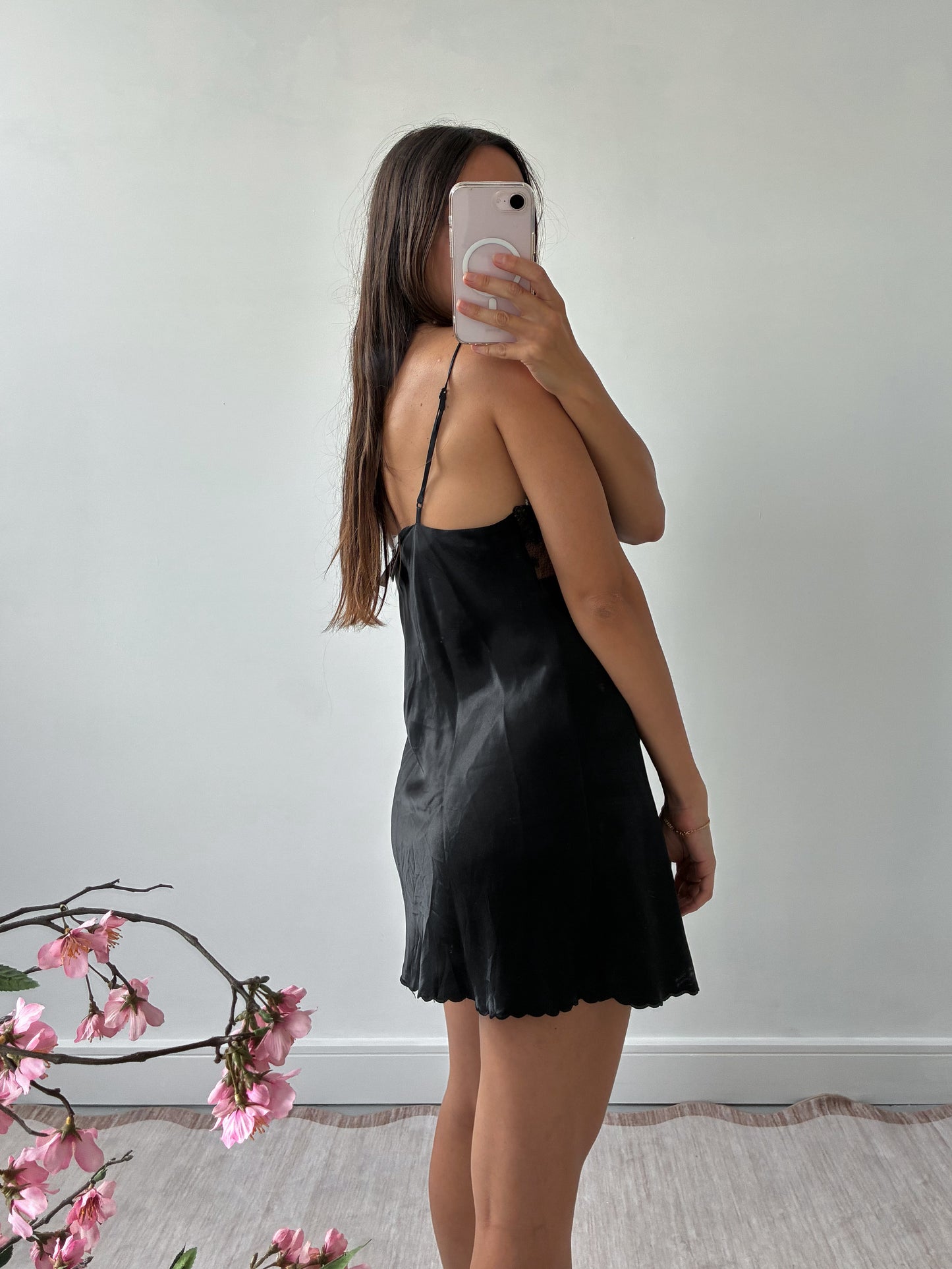 1990s Black Silk Mini Slip With Sheer Lace