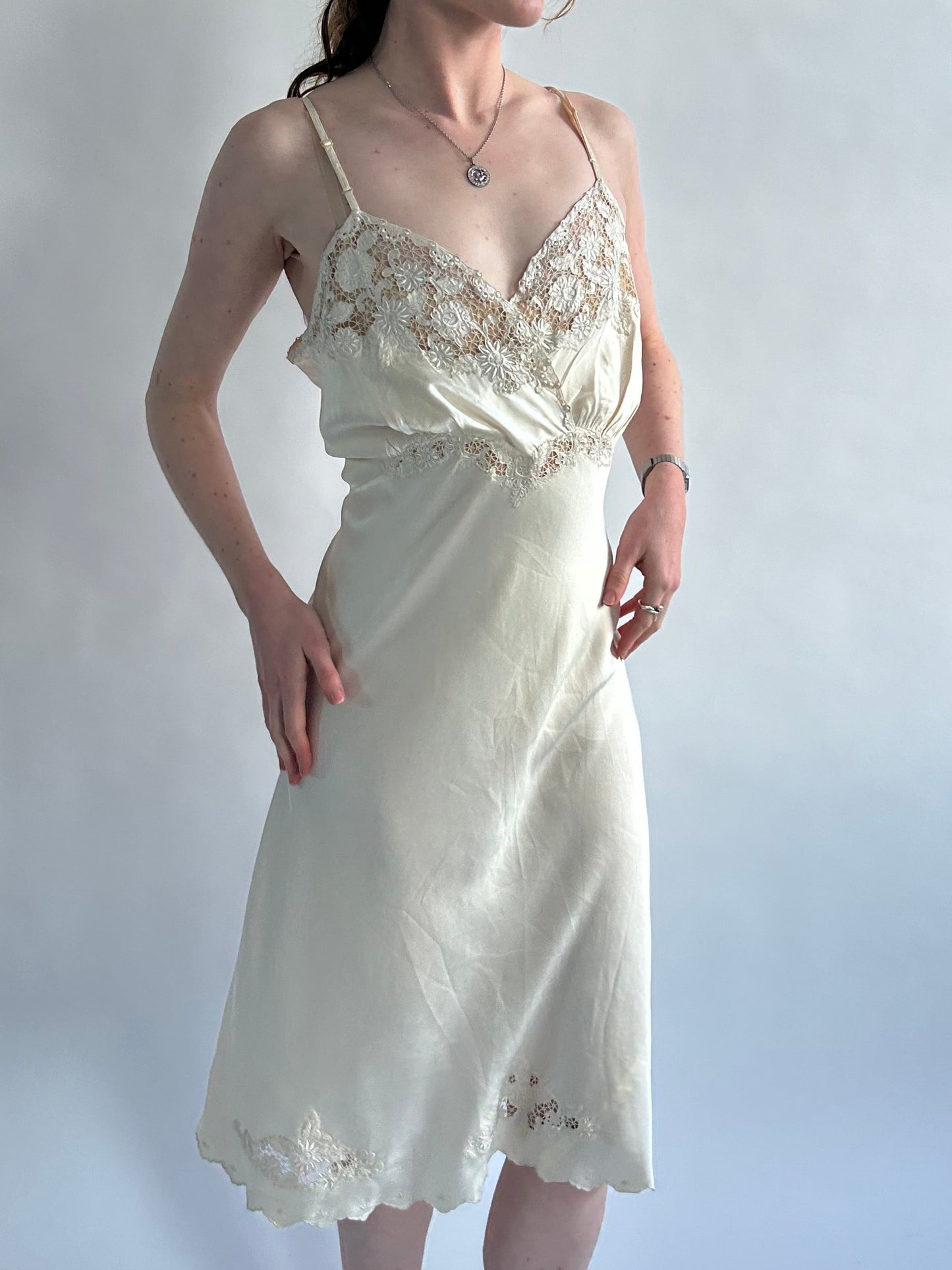 1930s Vanilla Silk Slip With Floral Embroidery