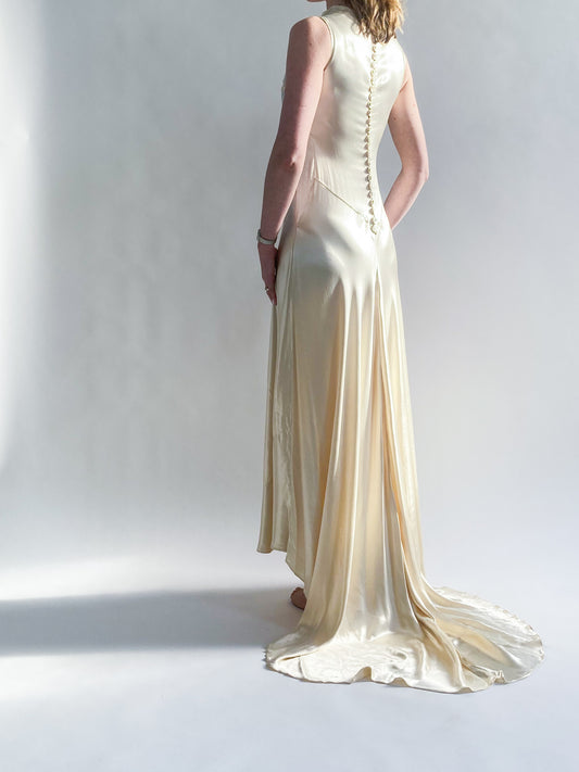 1930s Vanilla Silk Ruched Wedding Gown with Button Back and Sweep Train