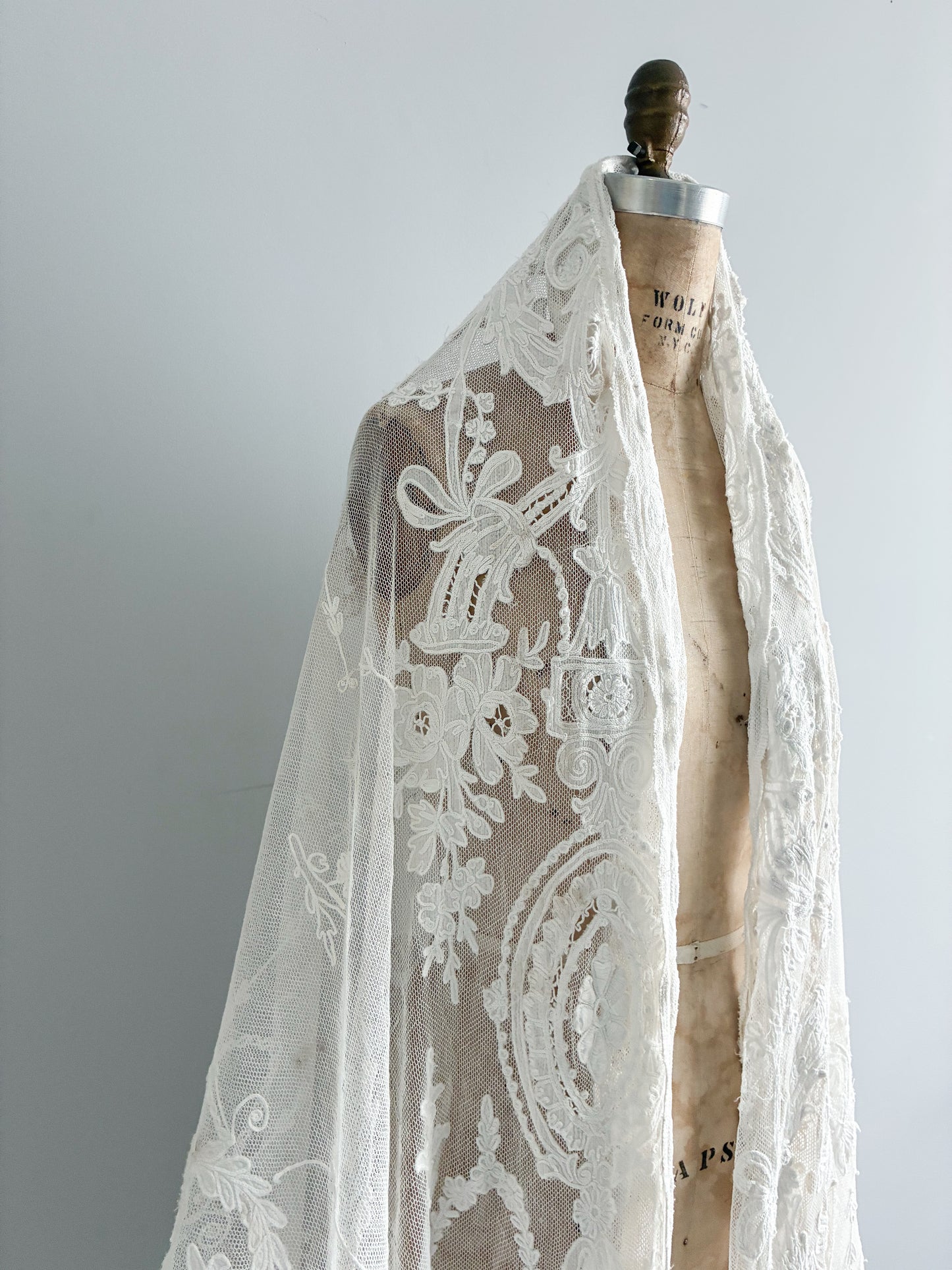 Antique French Heavy Cotton Tambour Tape Lace Veil