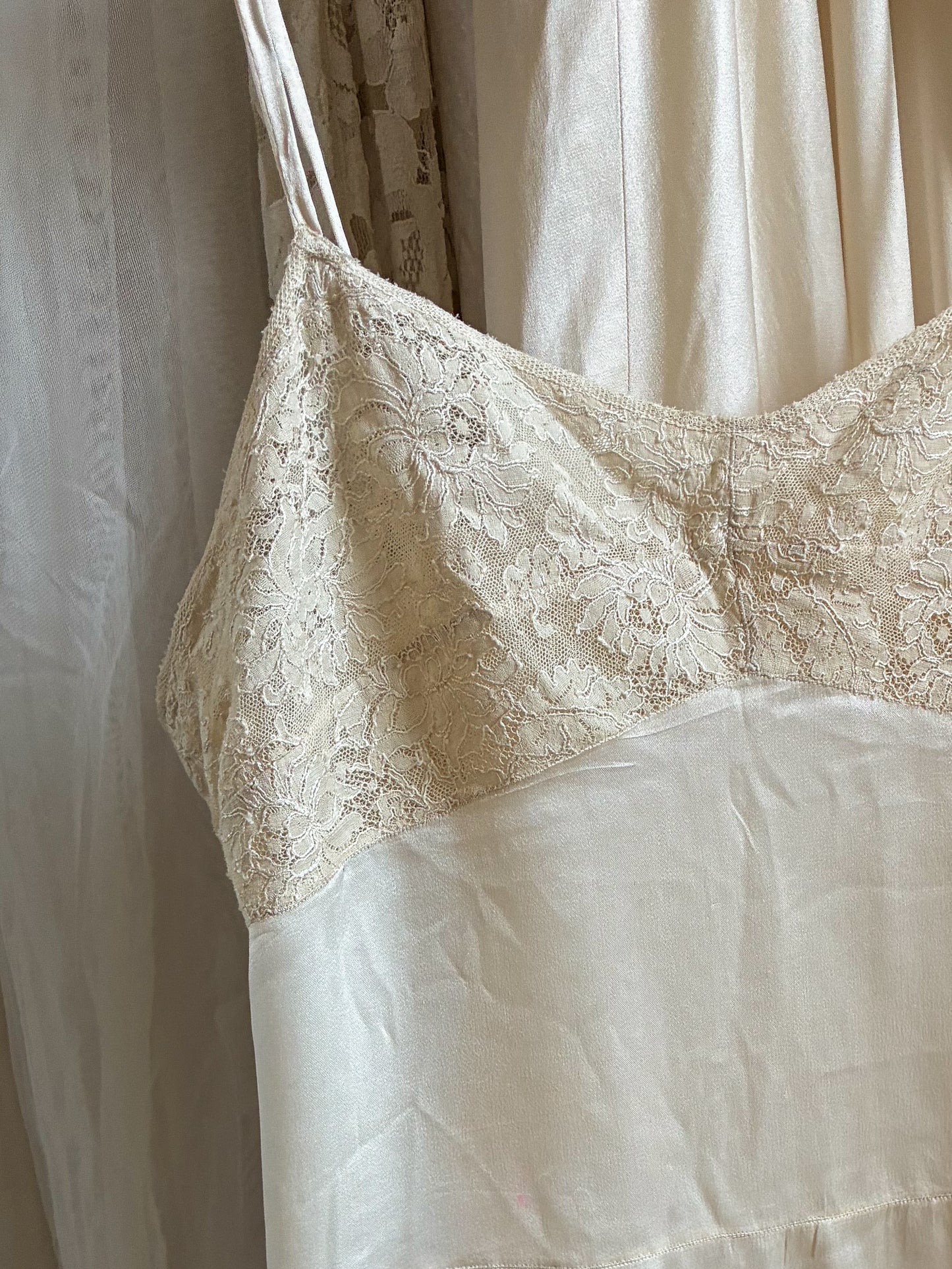 Antique Silk Cream Slip With Lace Trim And Spaghetti Straps