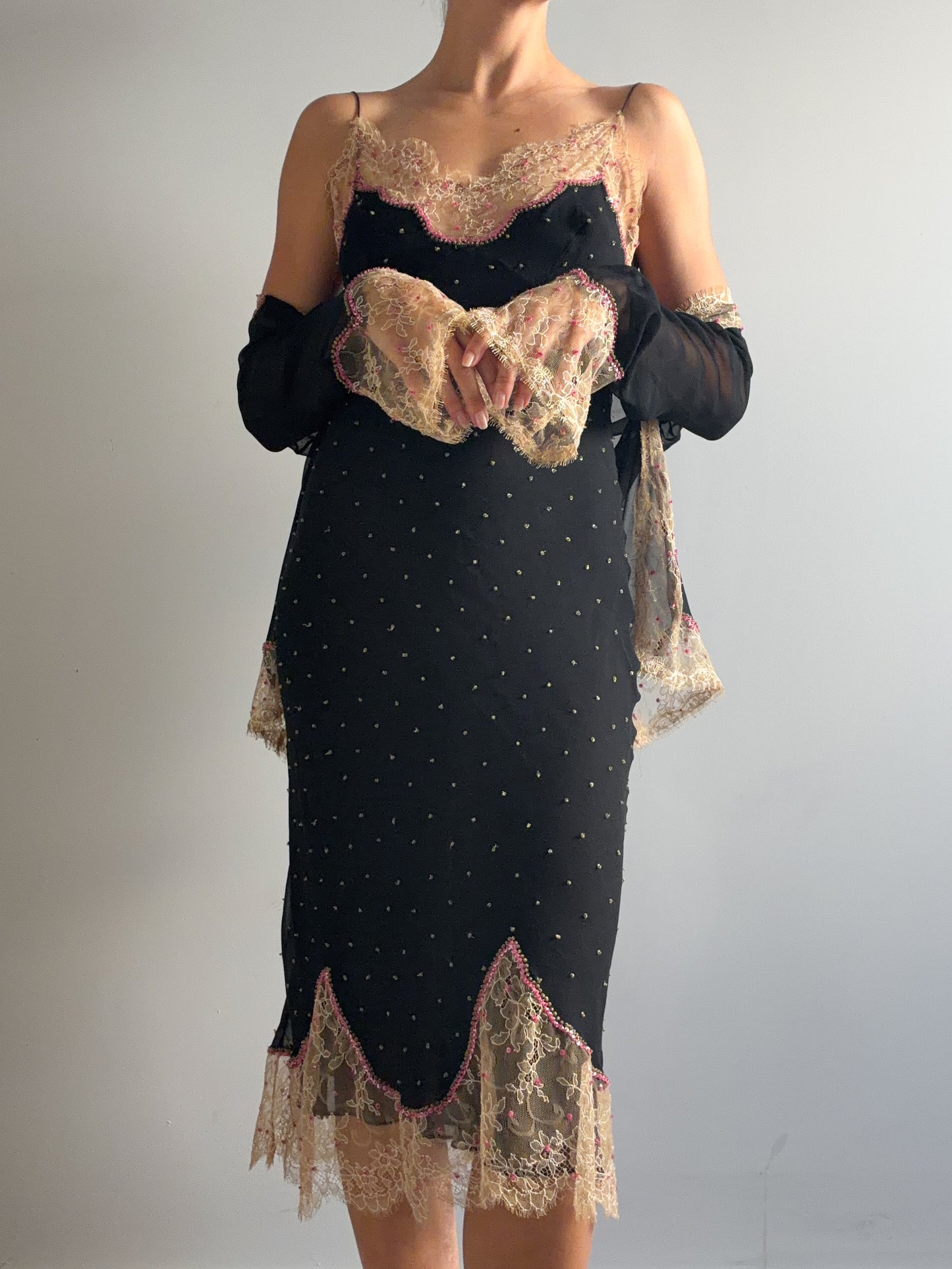 1990s Rare Designer Silk Chiffon Slip and Jacket Set With Chantilly Lace