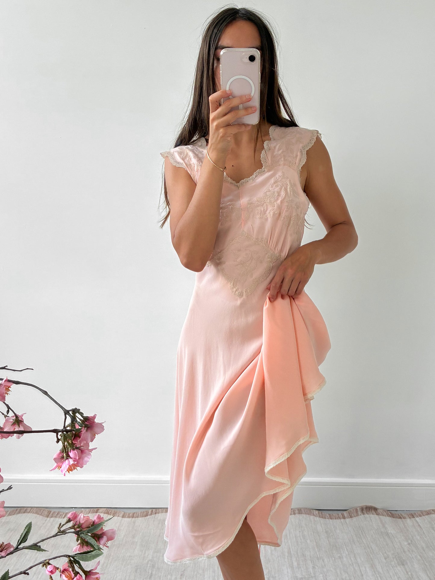 1930s Silk Midi Slip With Floral Lace M L