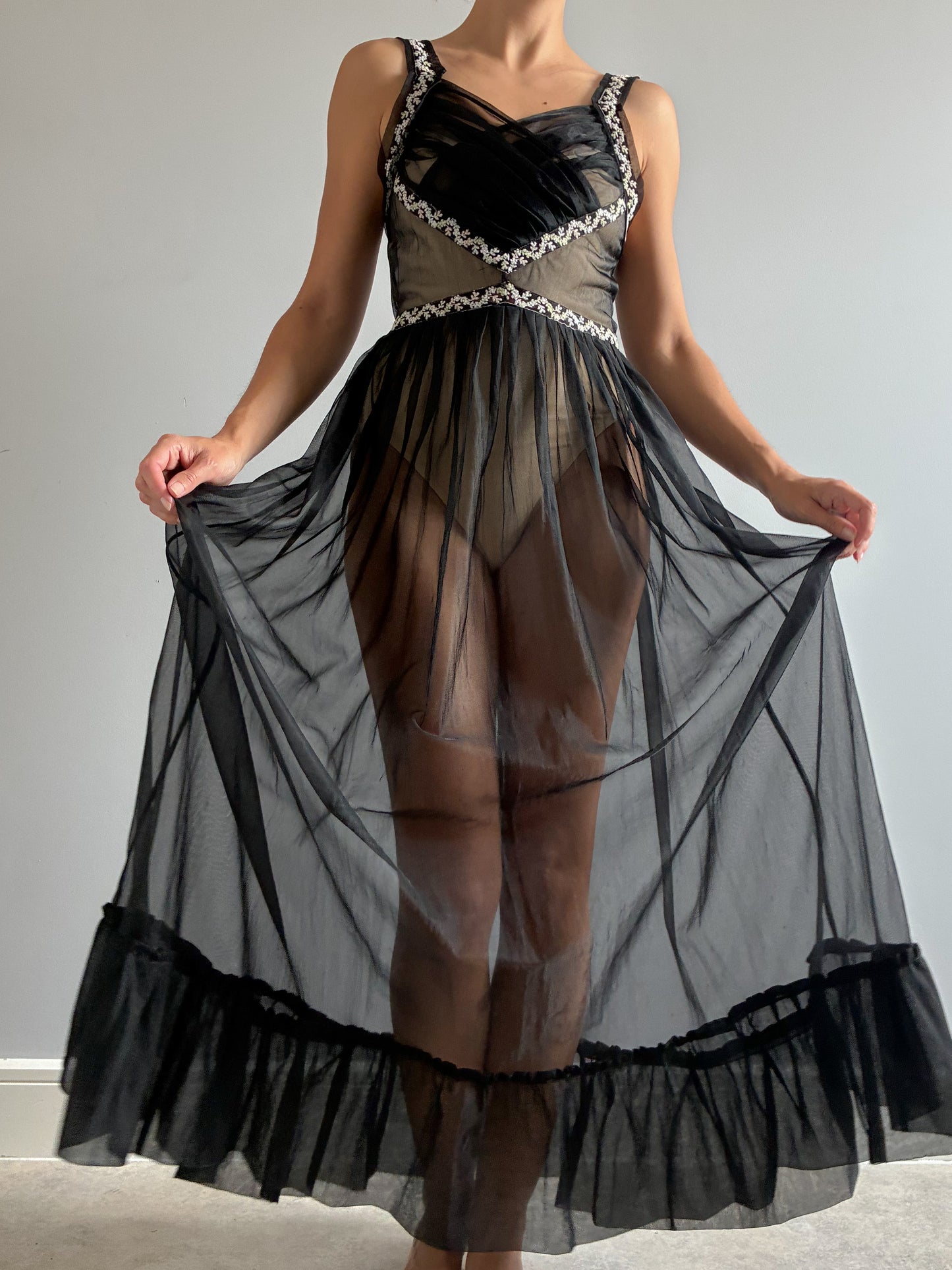 1950s Black Sheer Nightdress With Floral Embroidery