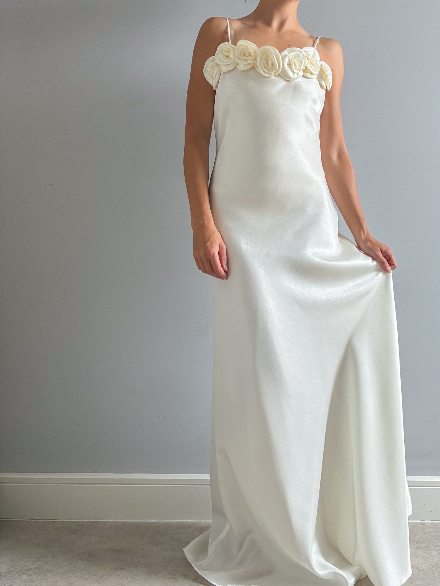 1990s Minimalist Satin Wedding Dress With Rose Detail