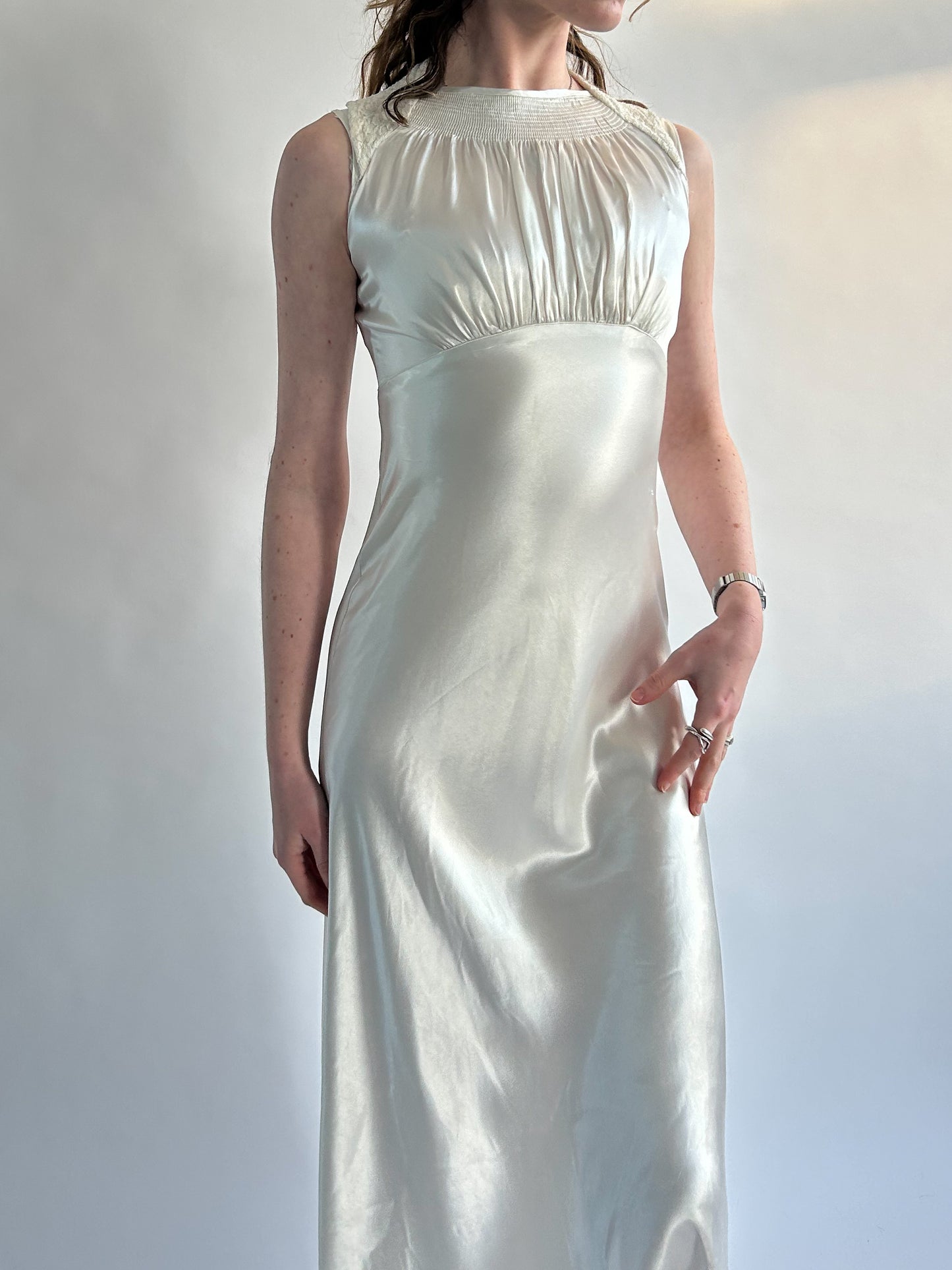 1930s Ivory Satin Sleeveless Wedding Dress with Gathered Neck & Train