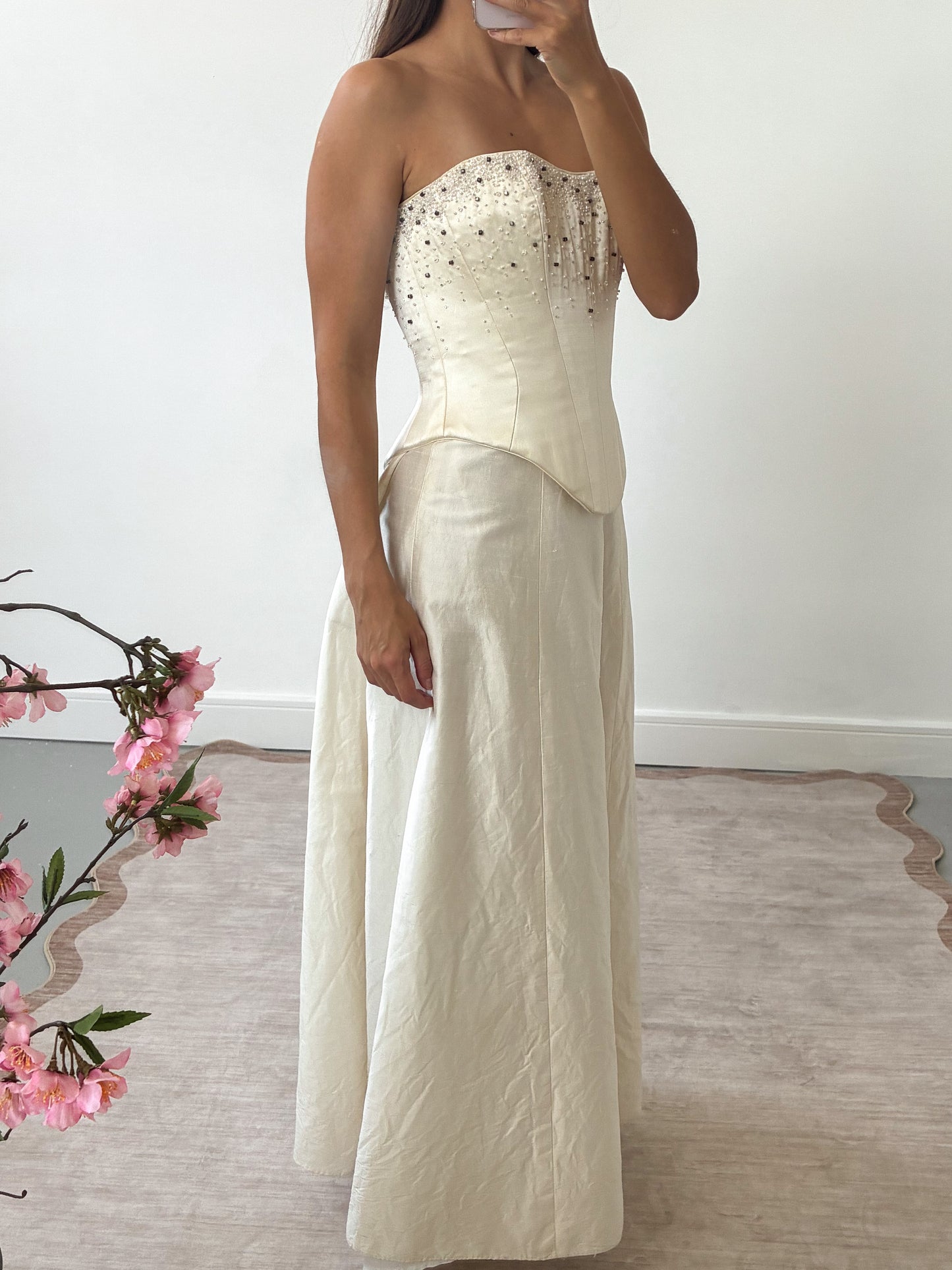 1990s Silk Lace-Up Embellished Corset In Cream S
