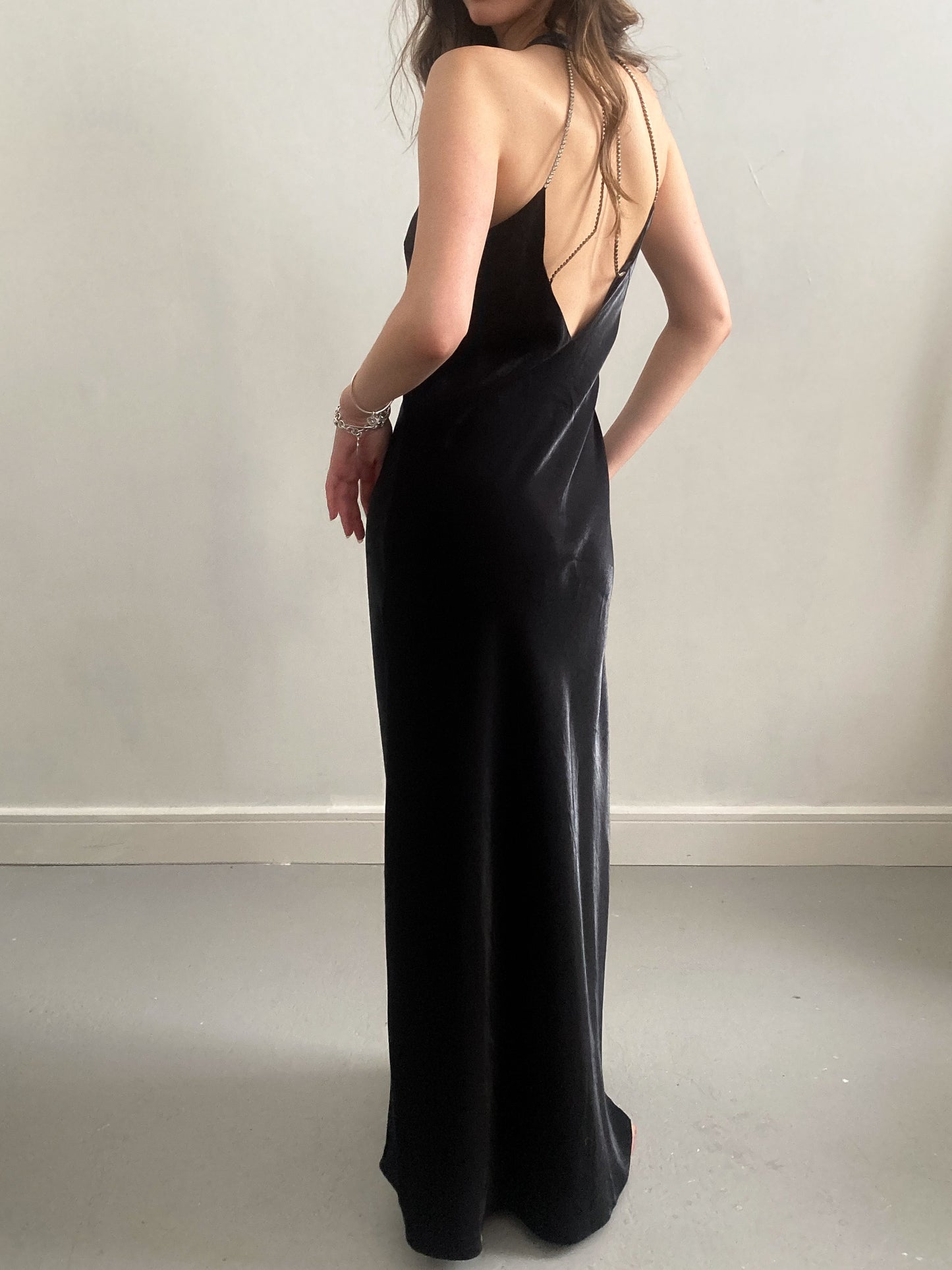 1990s Black Evening Gown with Cage Back and Diamante Straps