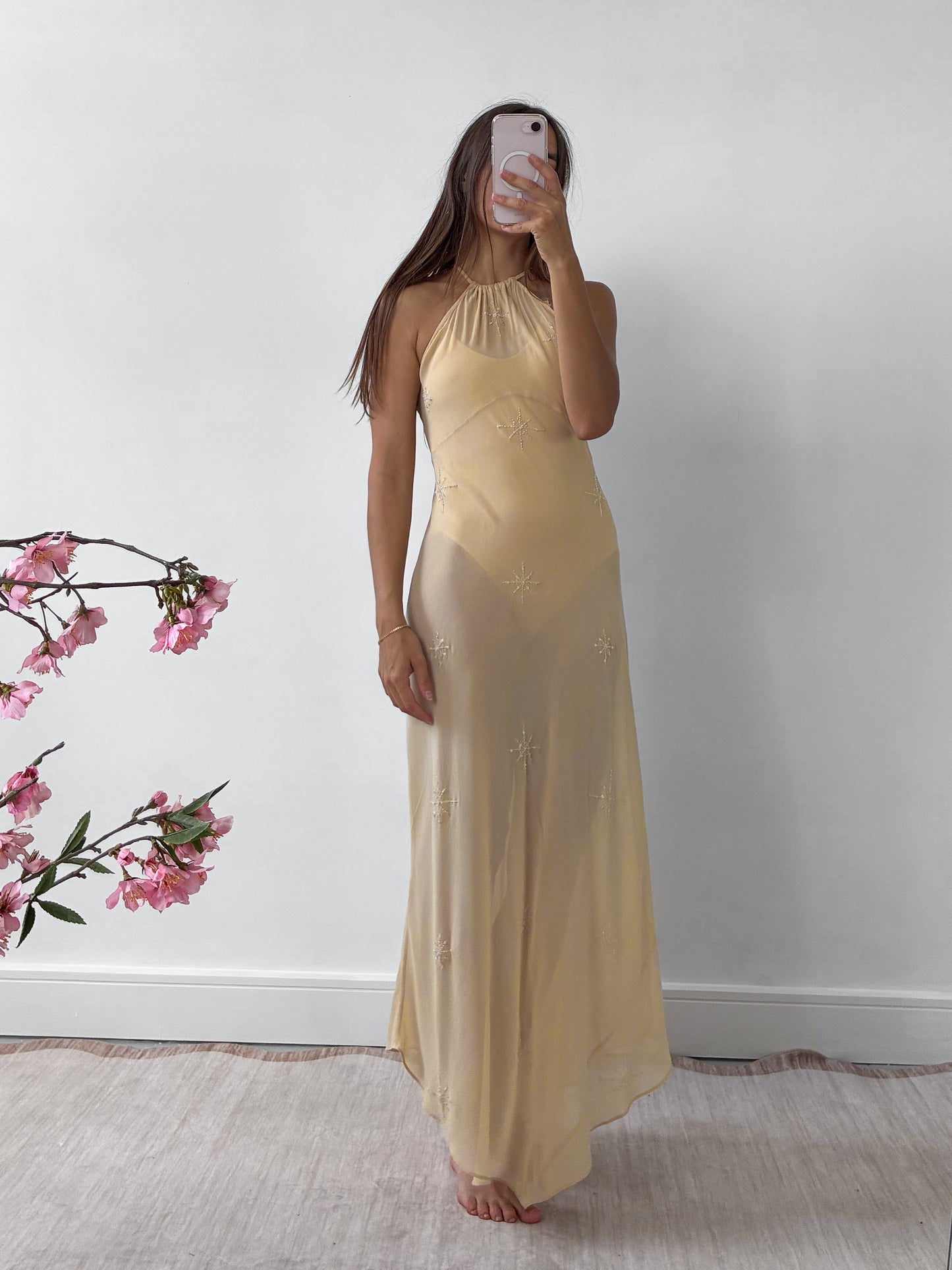 1990s Yellow Silk Chiffon Halterneck Slip Gown