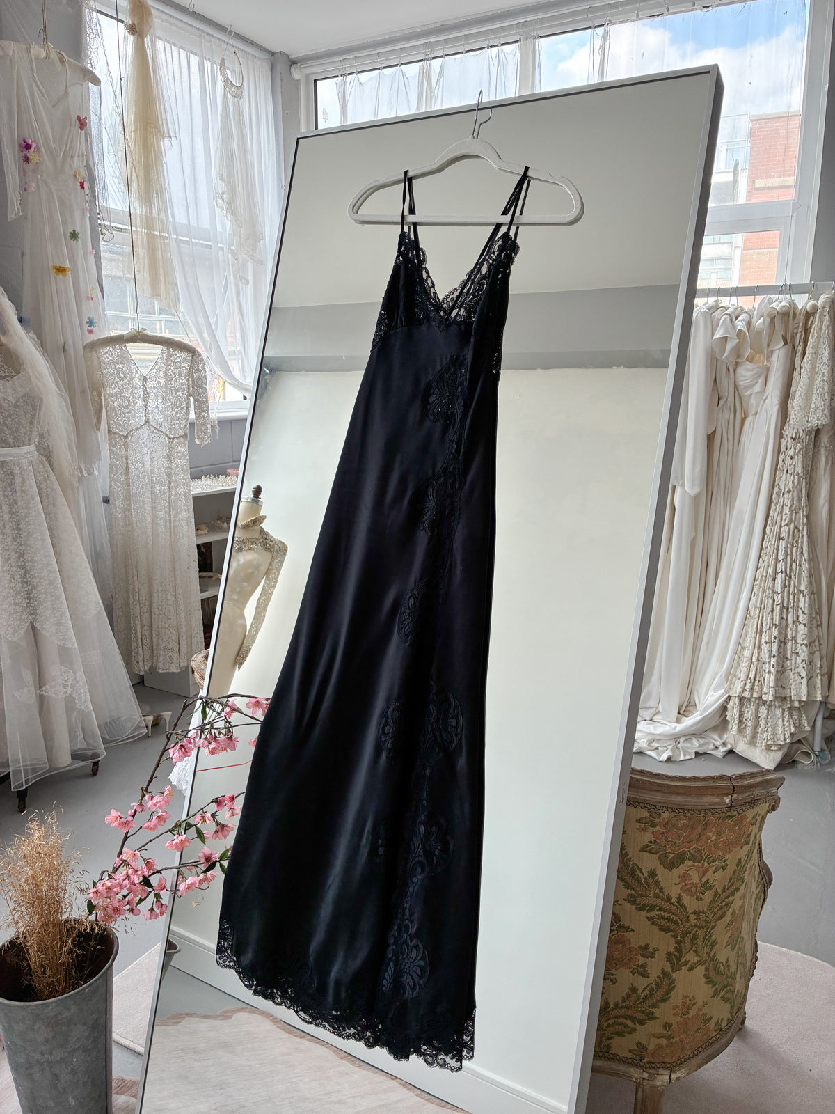 1970s Black Satin Slip With Lace And Side Opening S