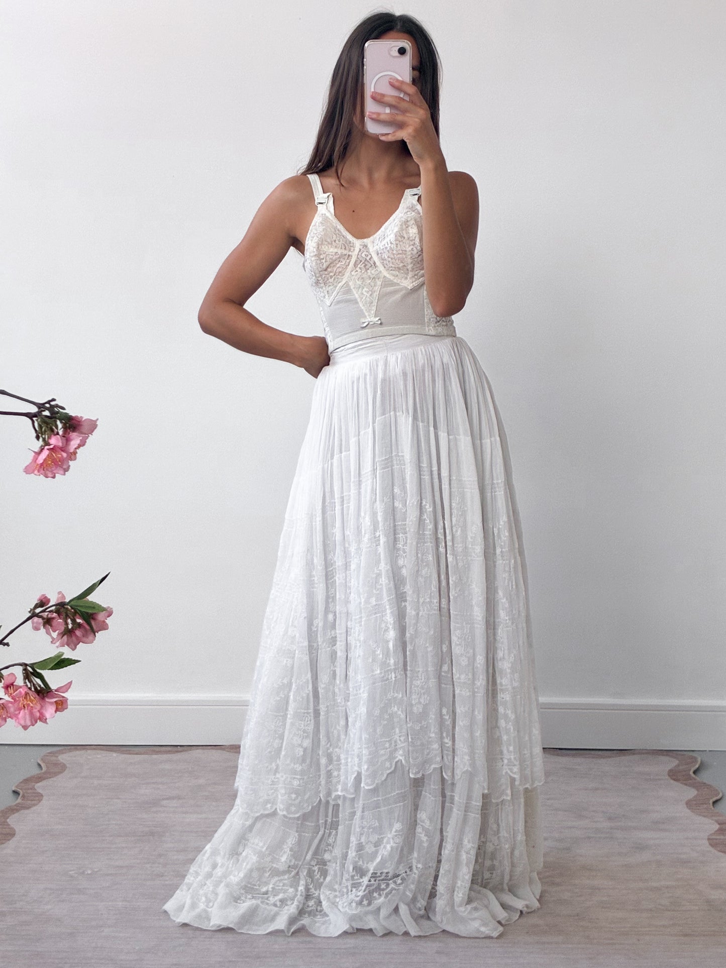 Edwardian Tiered Cotton Lawn Skirt With Floral Embroidery