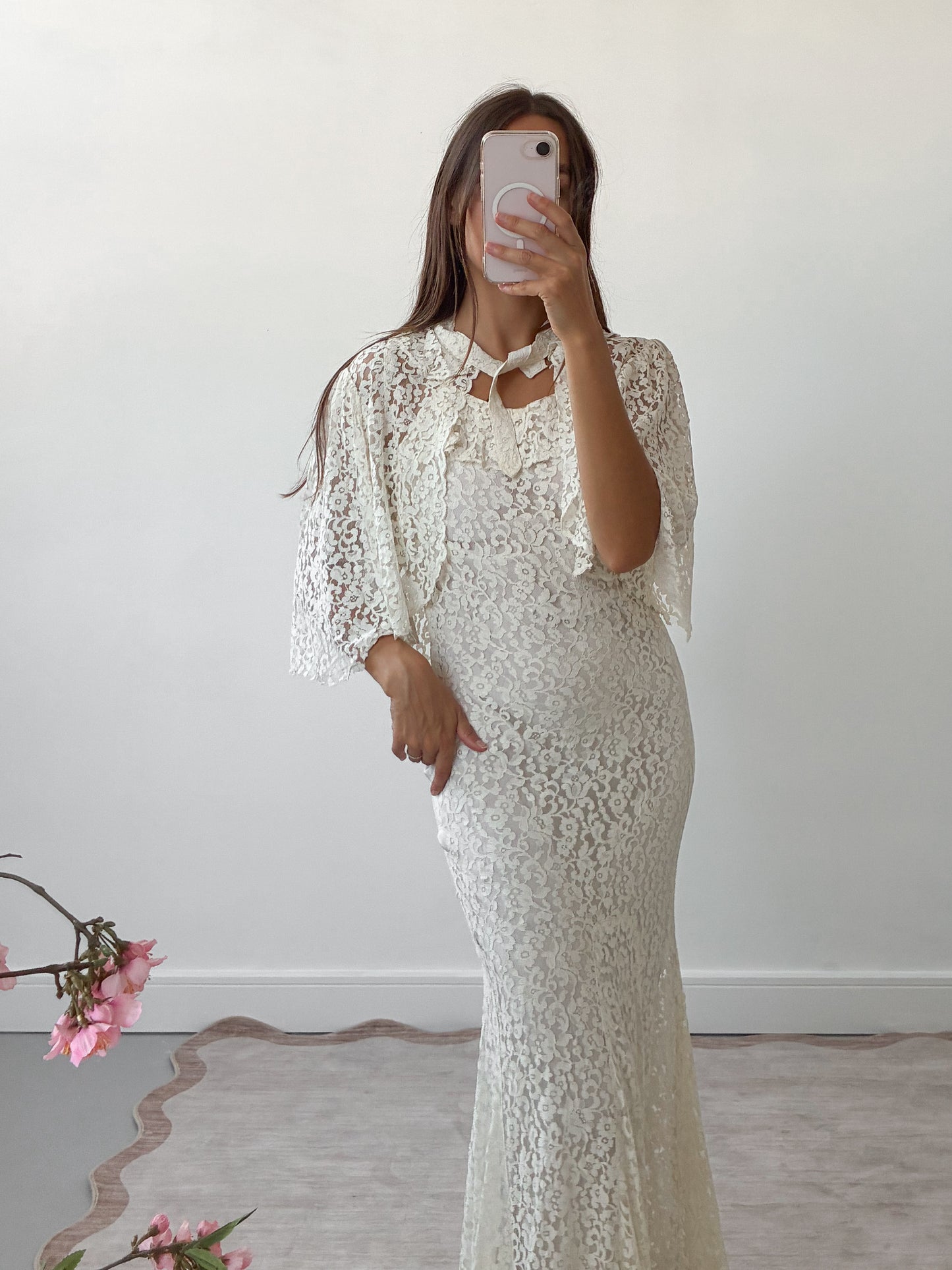 1930s Ivory Ruffled Bias Cut Wedding Dress In Cream Lace With Matching Bolero XS S