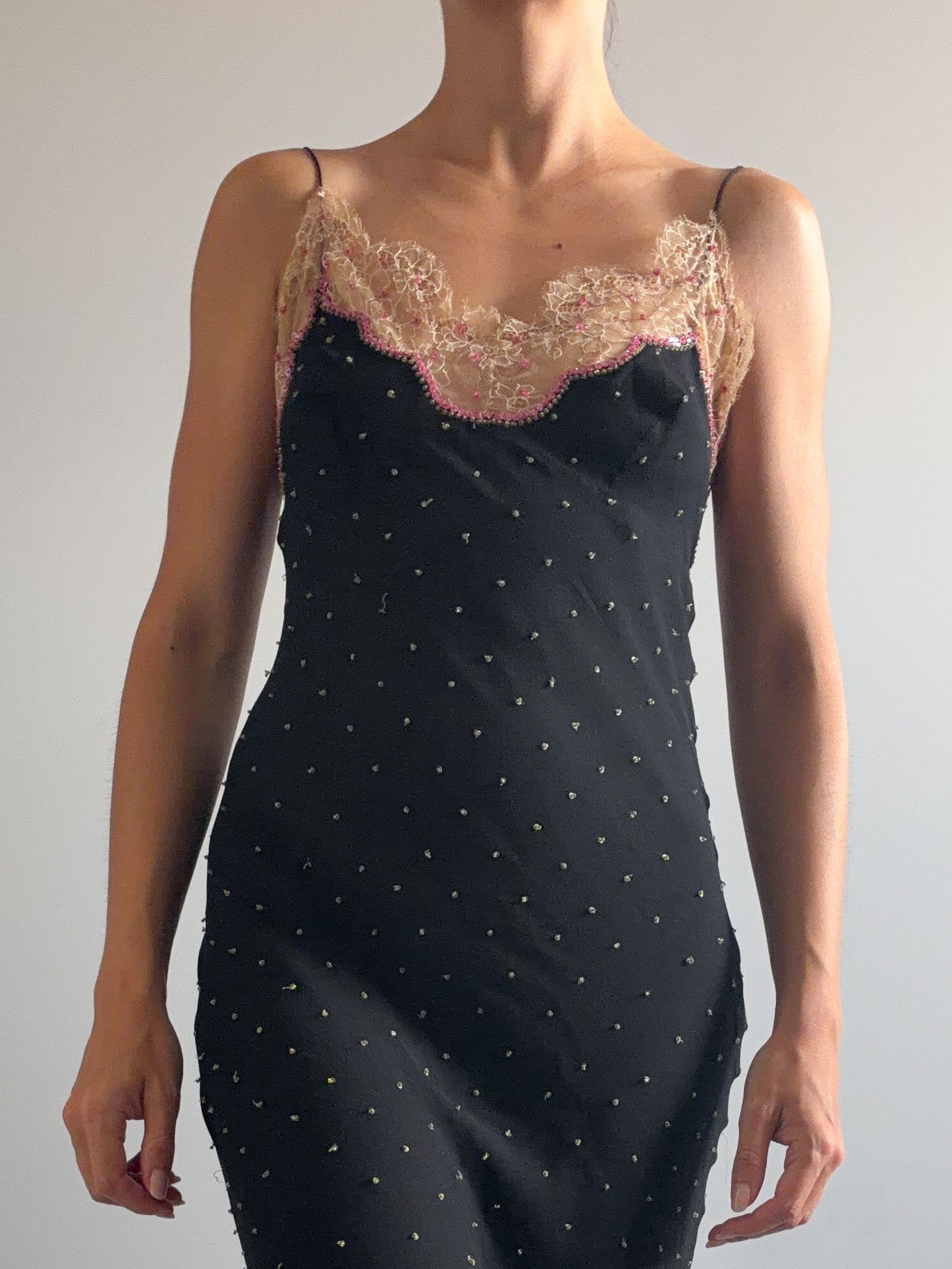 1990s Rare Designer Silk Chiffon Slip and Jacket Set With Chantilly Lace