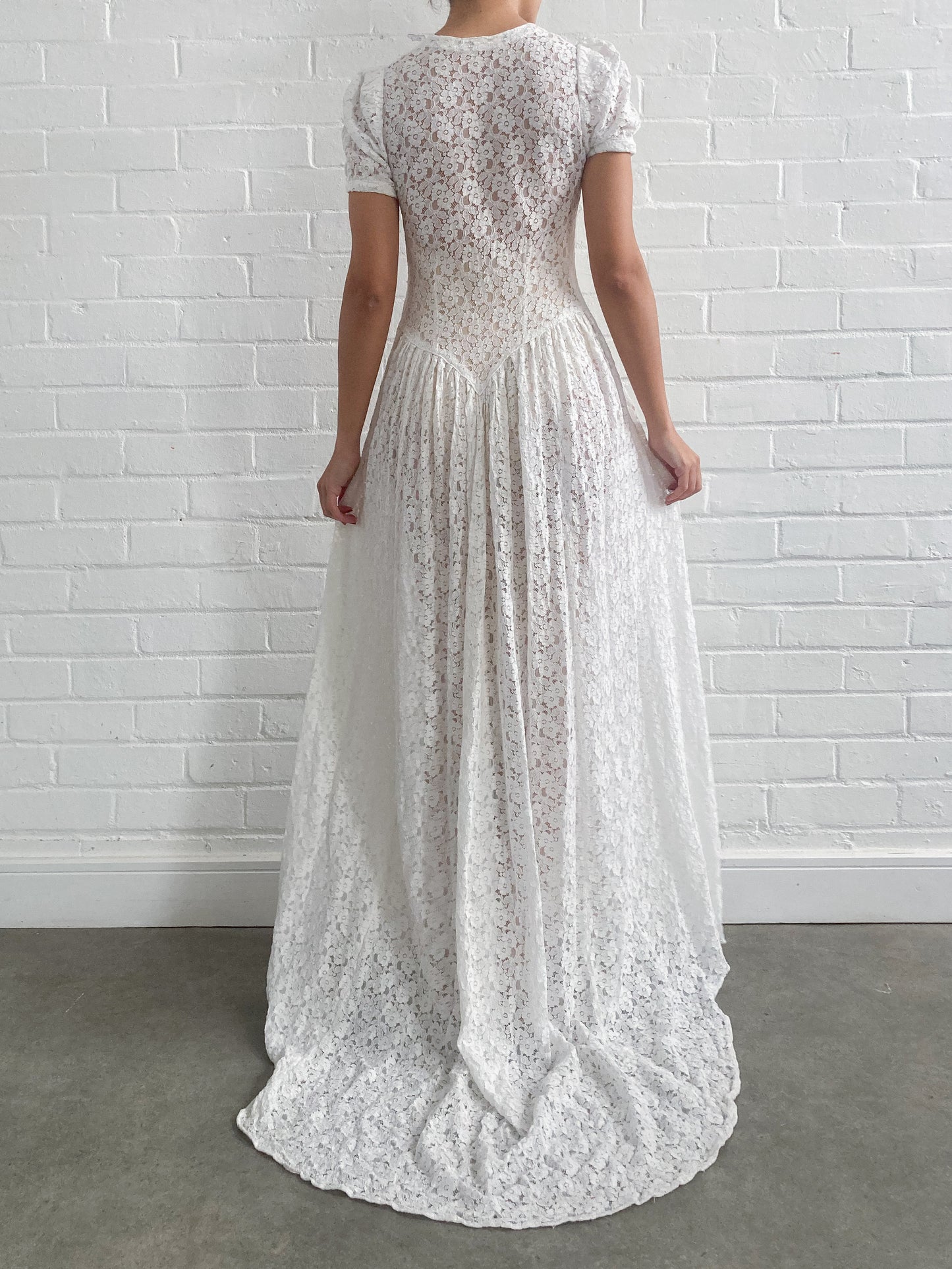 1930s Ivory Floral Lace Wedding Dress With Puff Sleeves And Sweep Train