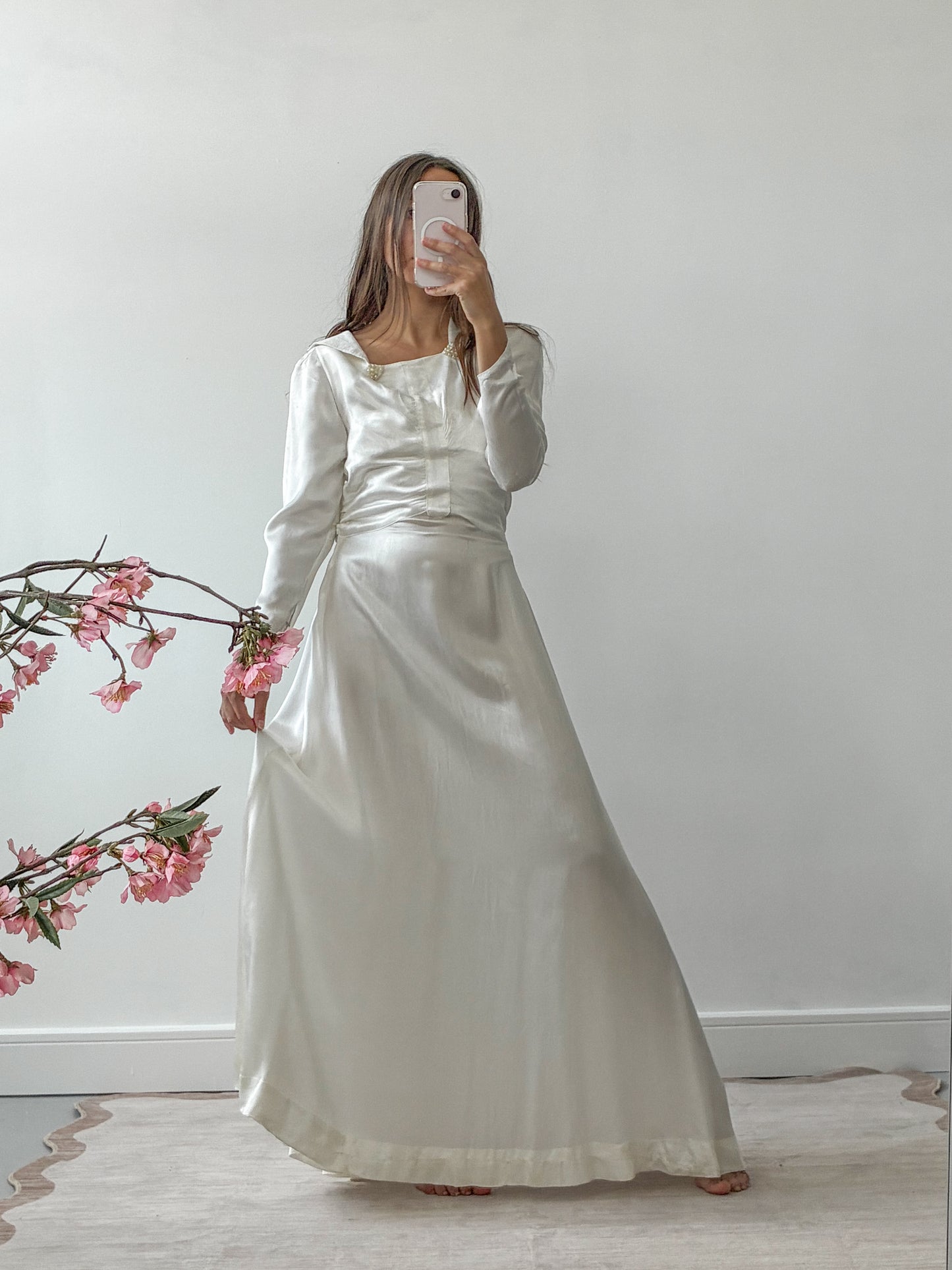 1940s Satin Wedding Dress With Pearl Detail