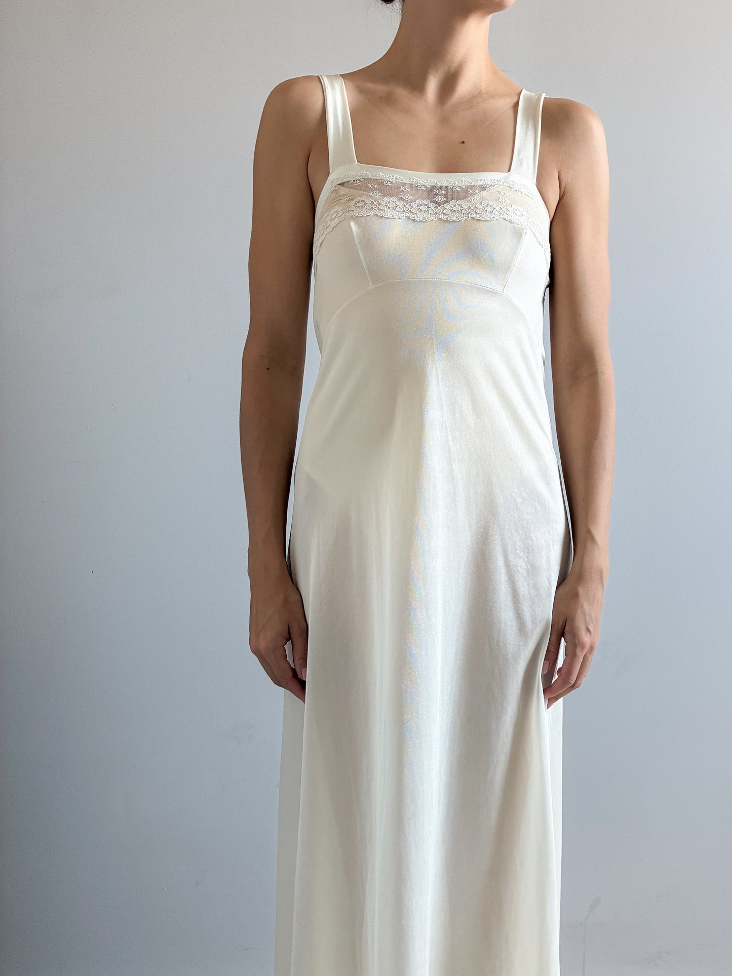 1970s Cream Maxi Slip With Square Neck And Lace Trim