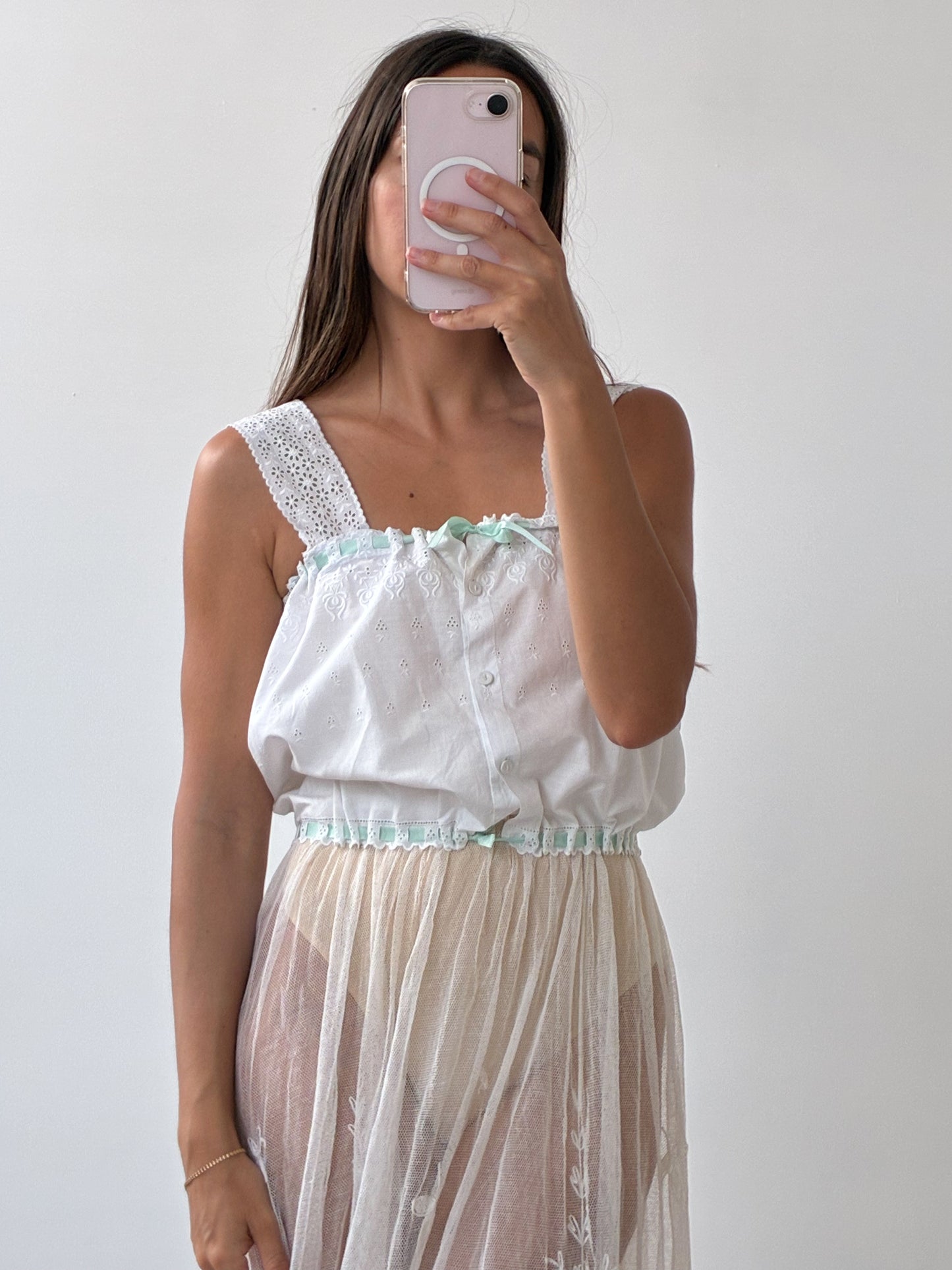 Antique Cotton Embroidered Camisole With Green Ribbon XS S