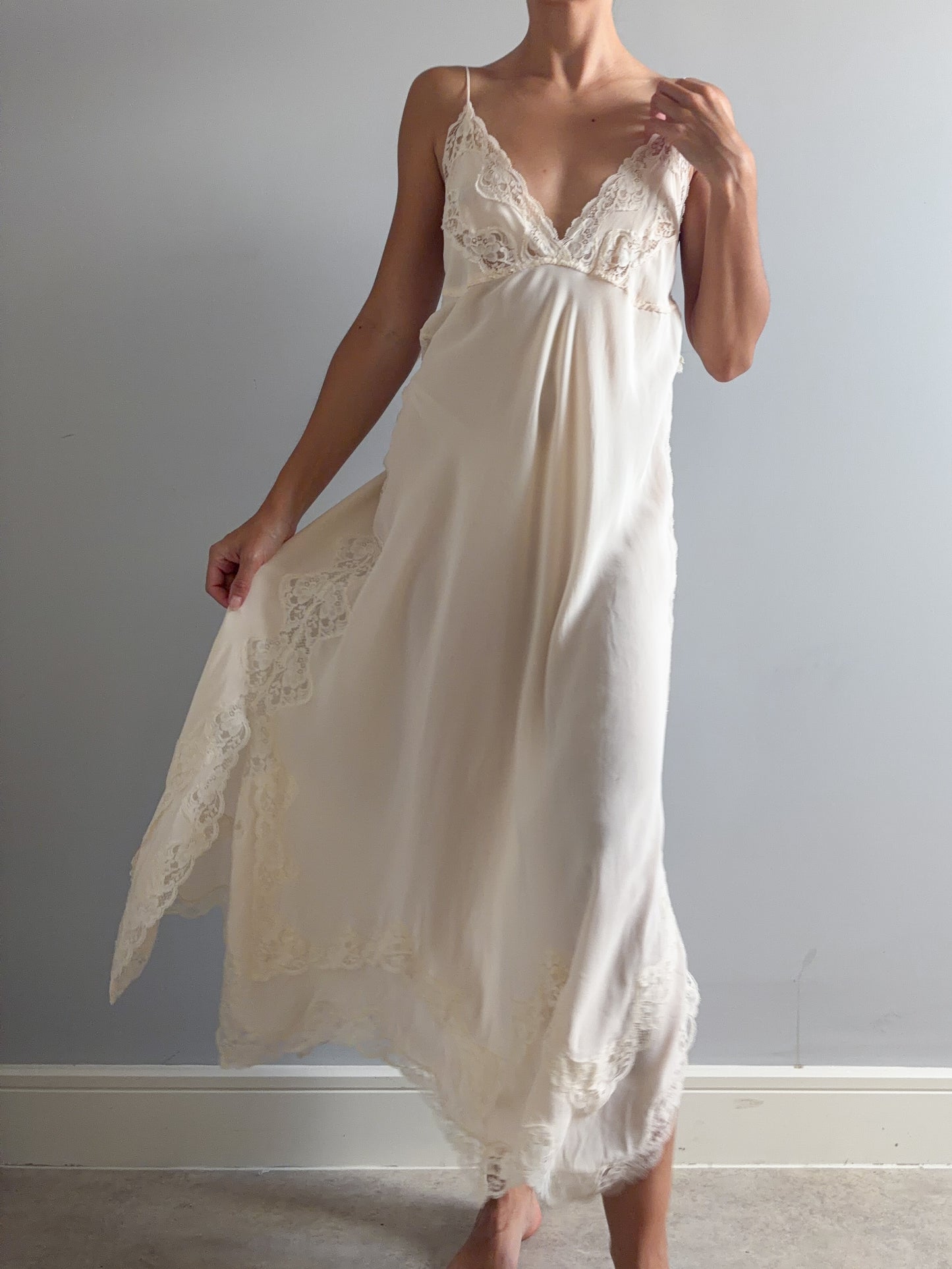 1970s Designer Pure Silk Nightgown With Lace Inserts