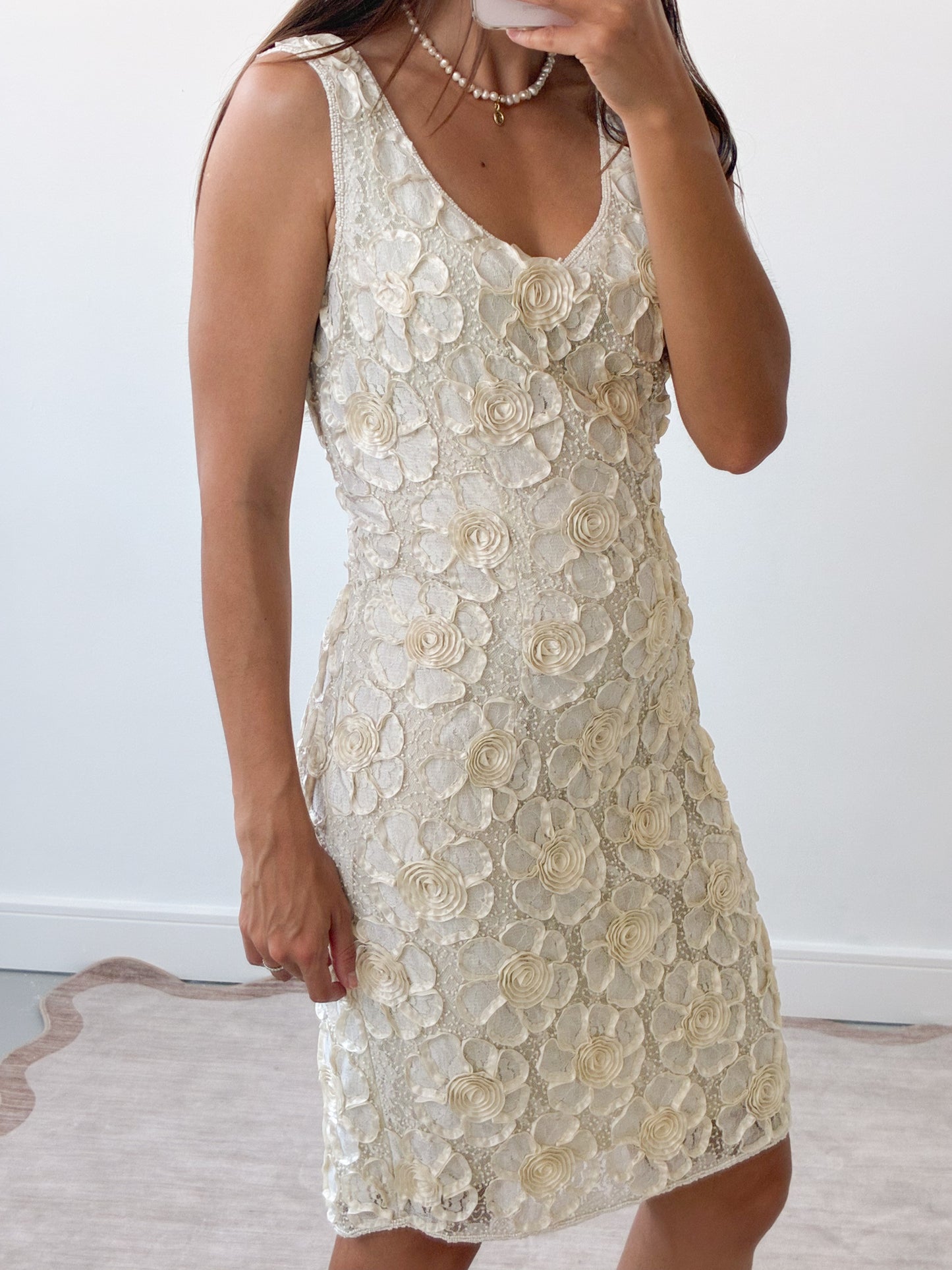 1980s Silk And Pearl Embroidered 3D Flower Mini Dress S M