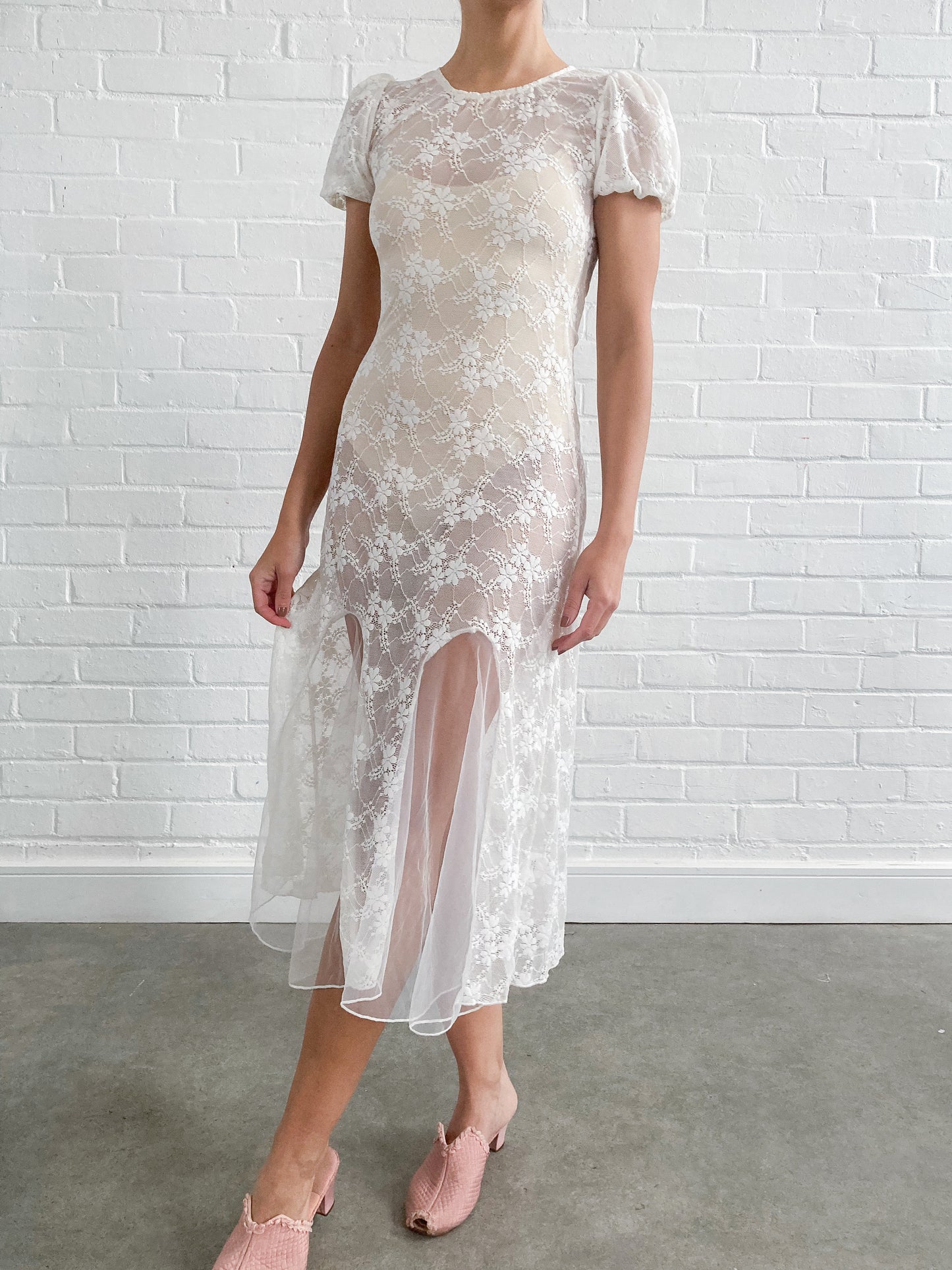 Vintage Floral Puff Sleeve Dress With Mermaid Skirt