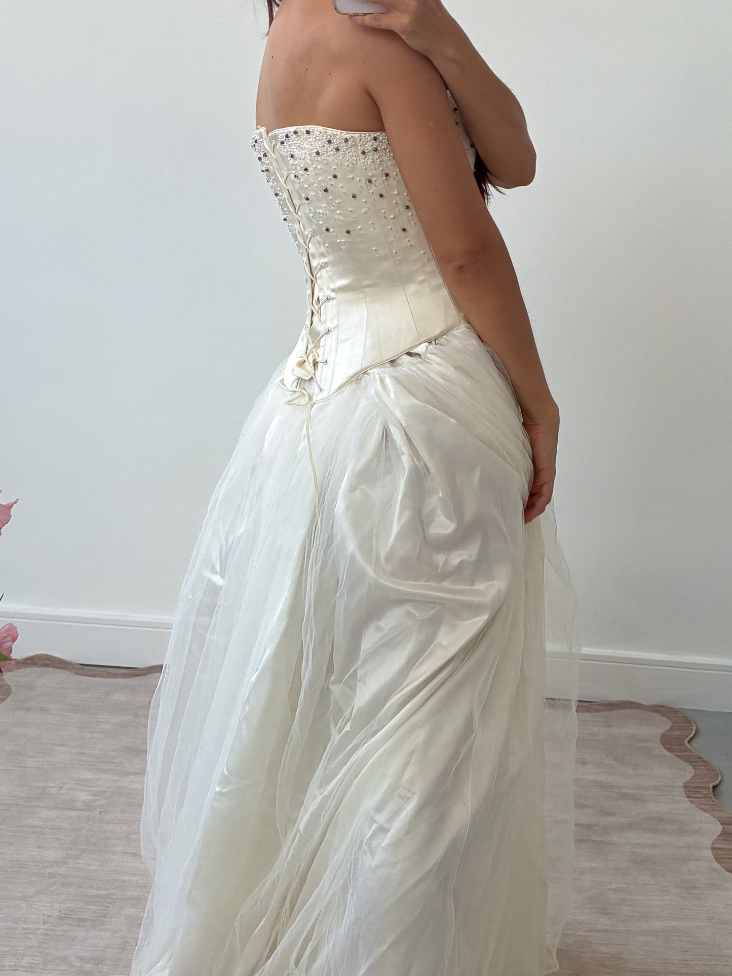 1990s Silk Lace-Up Embellished Corset In Cream S